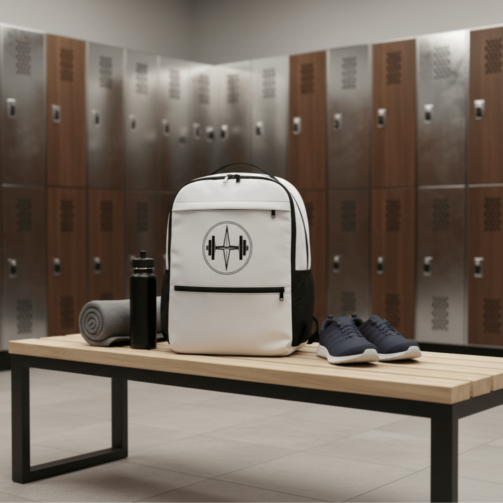 White backpack with black logo, water bottle, and shoes on a bench in front of lockers.