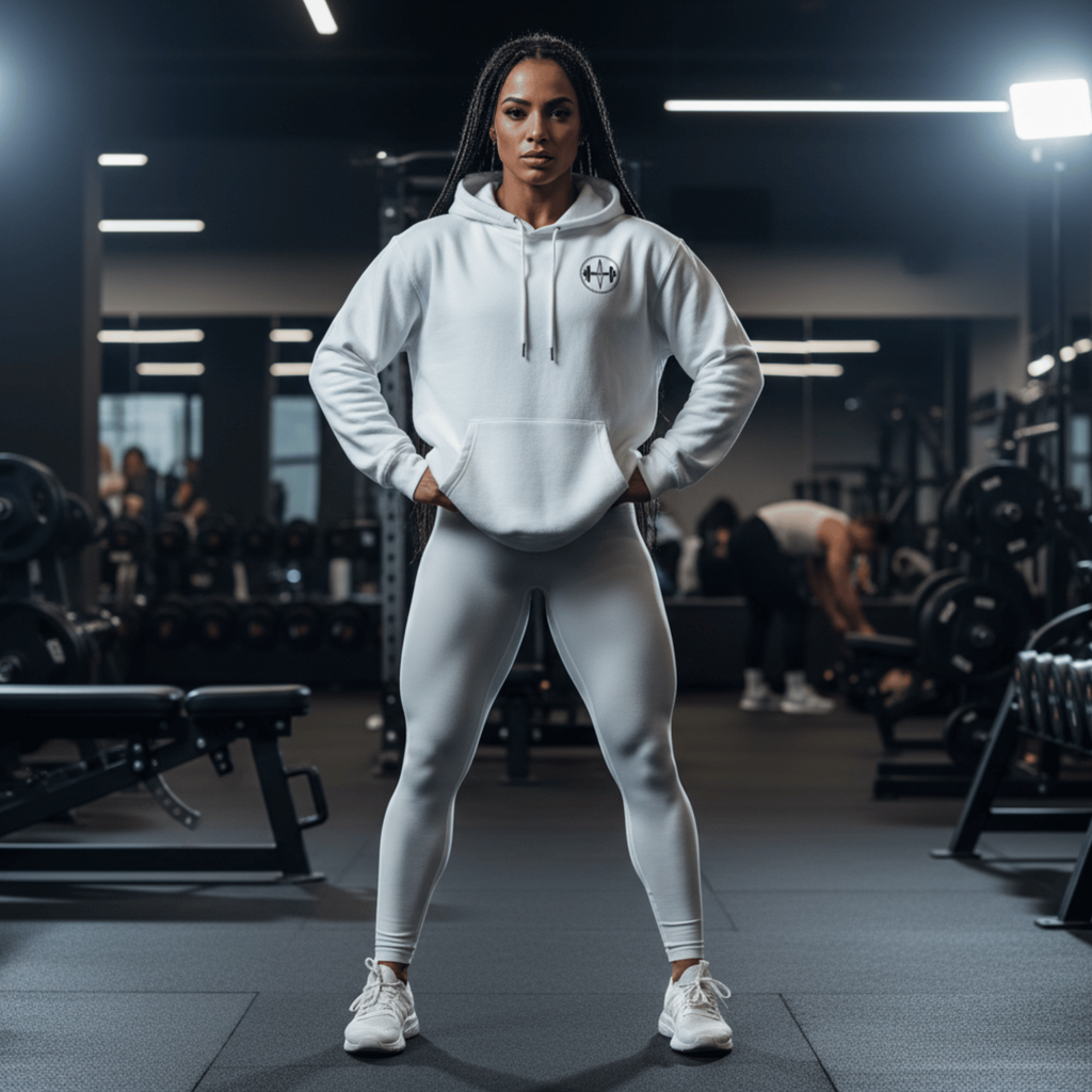 Person wearing a white hoodie and leggings in a gym setting