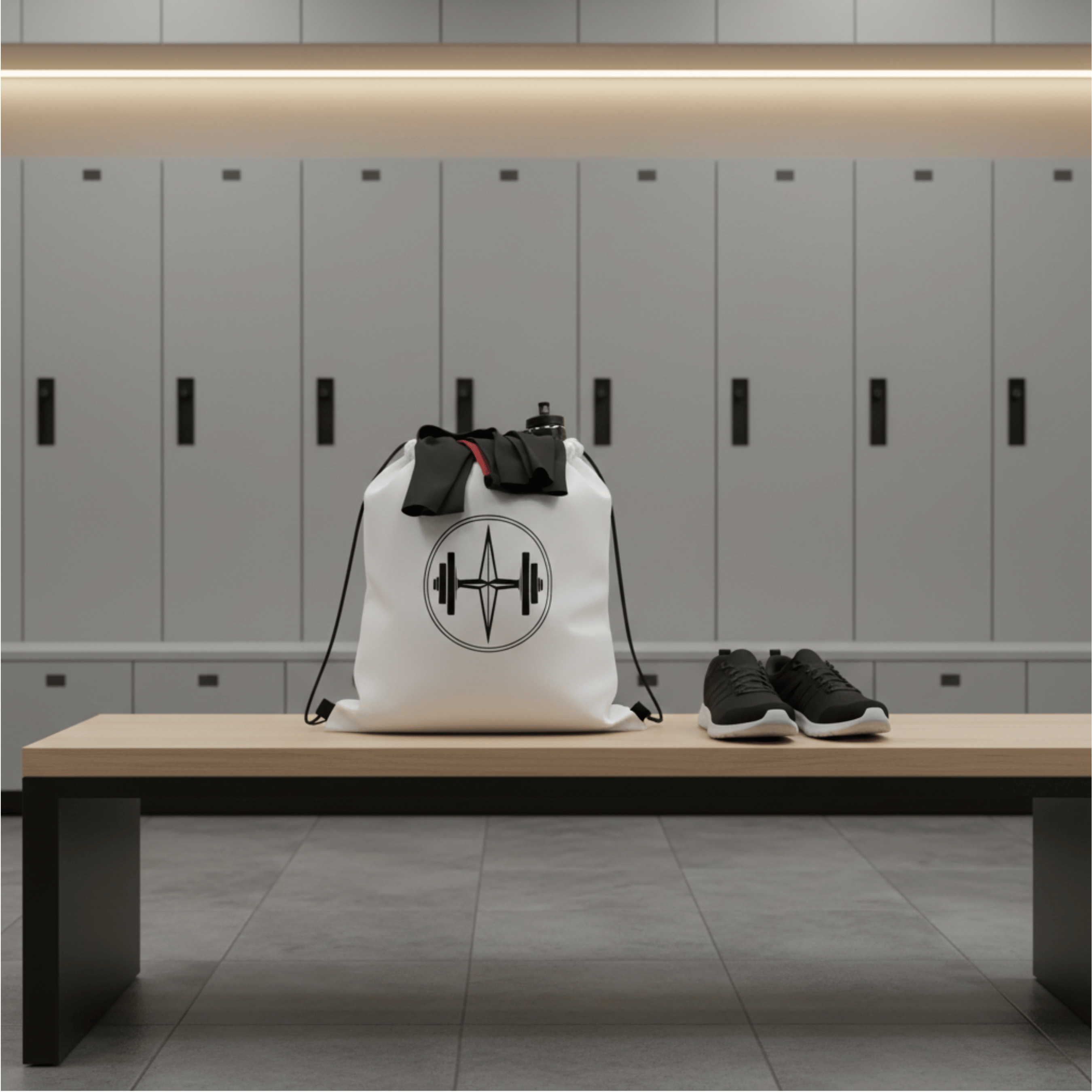 White drawstring bag with a black logo on a wooden bench in a locker room.
