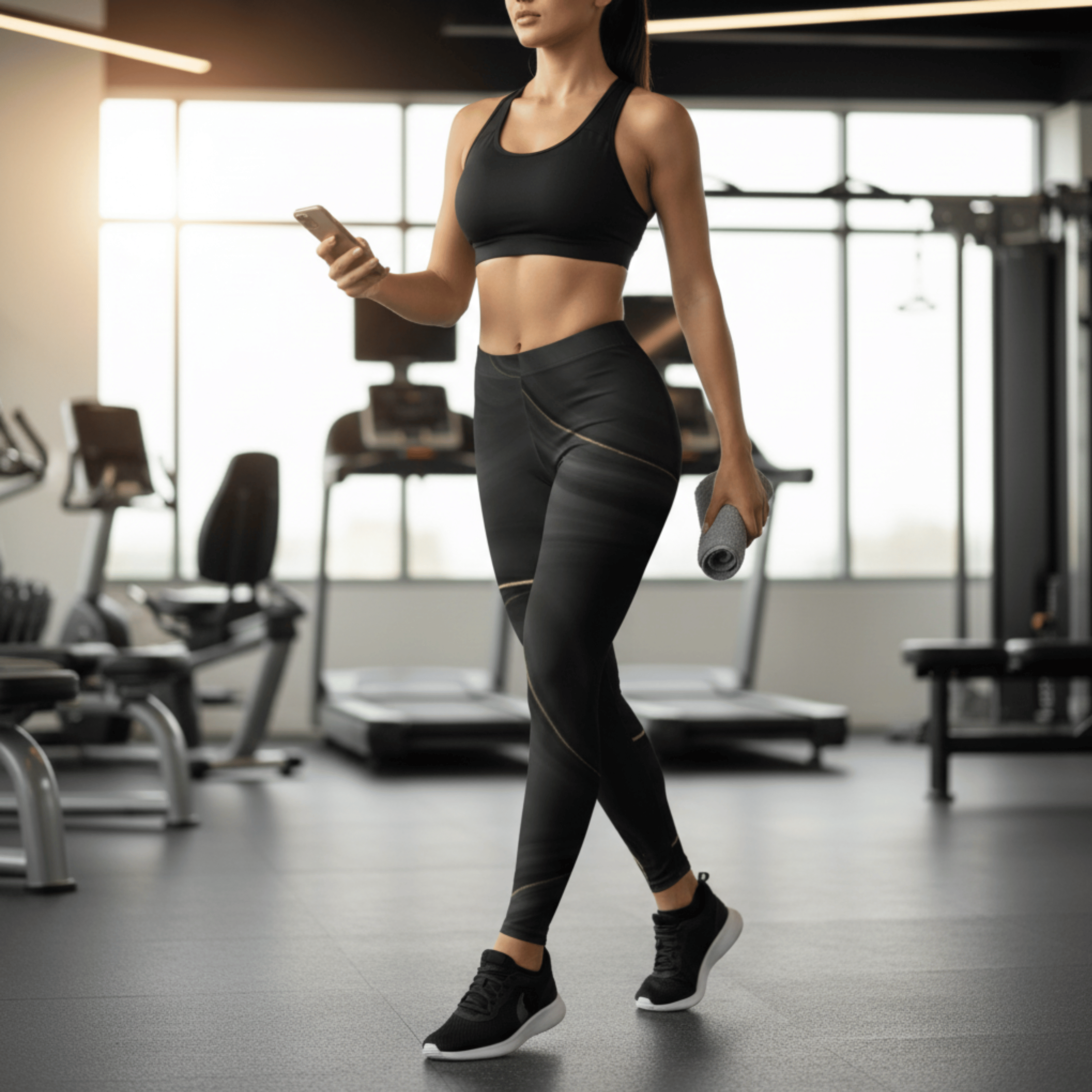 Person in black athletic wear holding a phone and yoga mat in a gym.