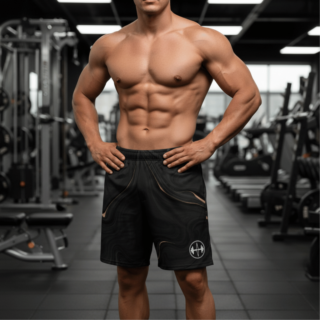 Muscular man in black shorts standing in a gym