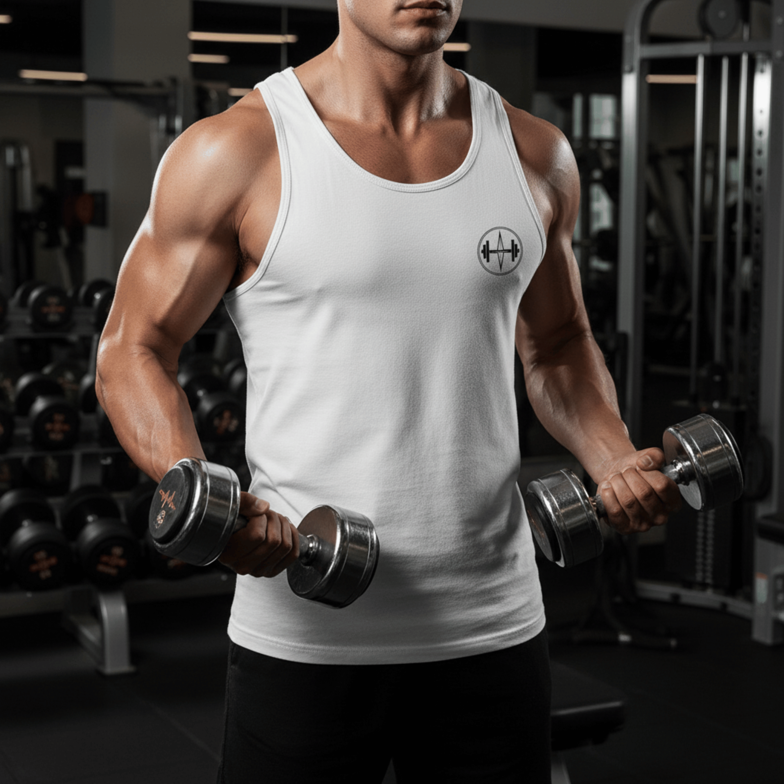 Muscular man in a gym wearing a white tank top with a logo, holding dumbbells.