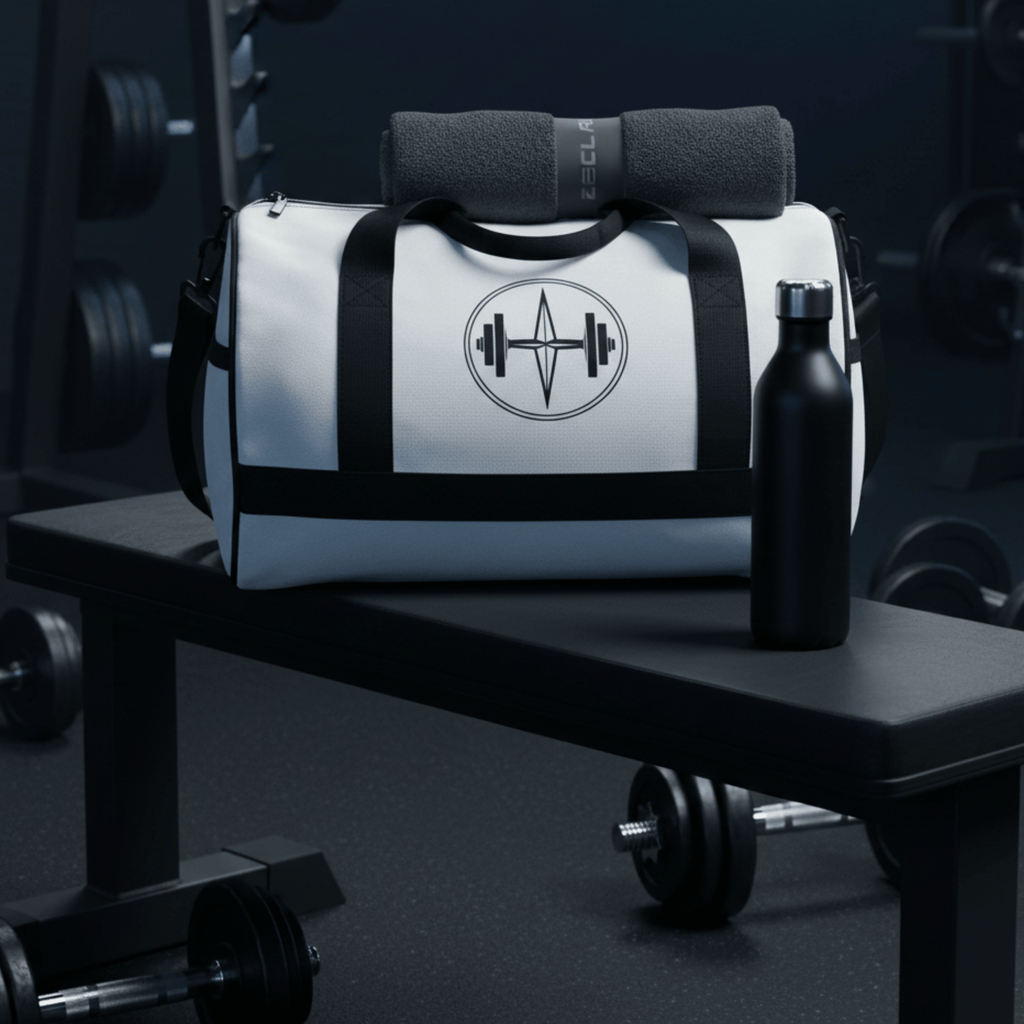 White gym bag with black accents and a logo on a gym bench with a water bottle and dumbbells.
