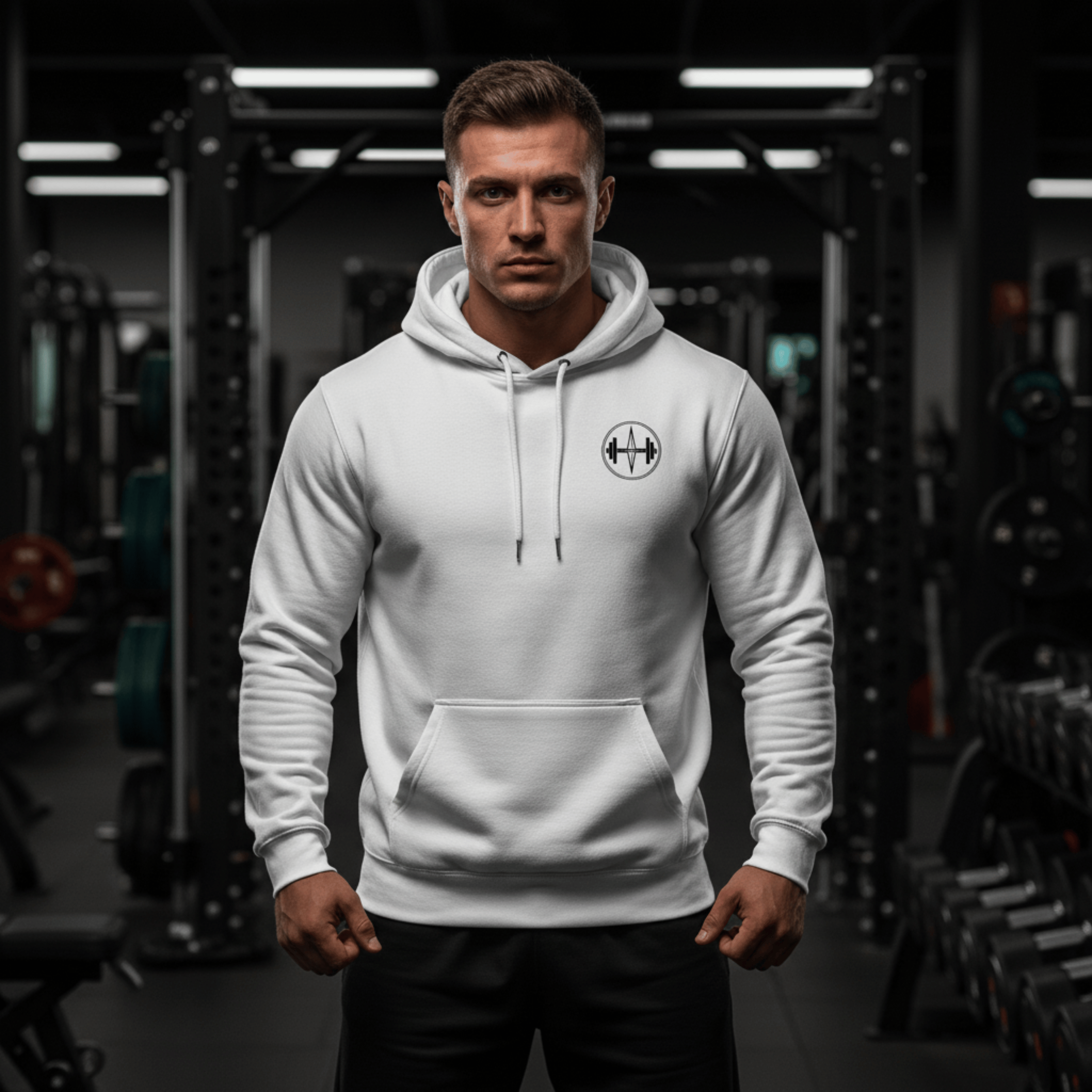 Man wearing a white hoodie with a logo in a gym setting