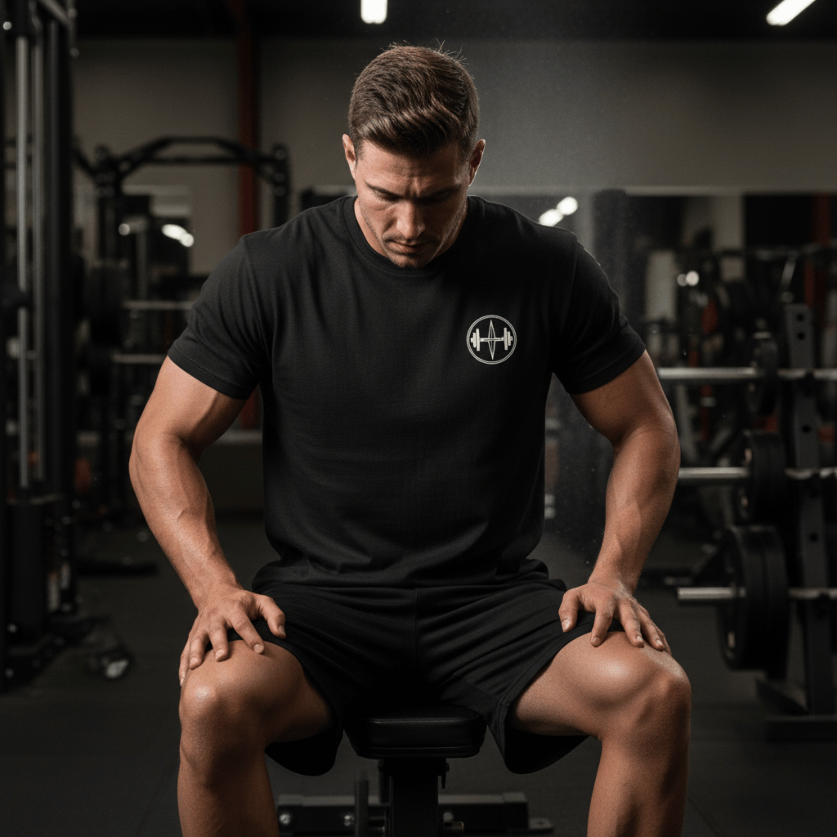 Man in a gym wearing a black t-shirt with a logo, sitting on a bench.
