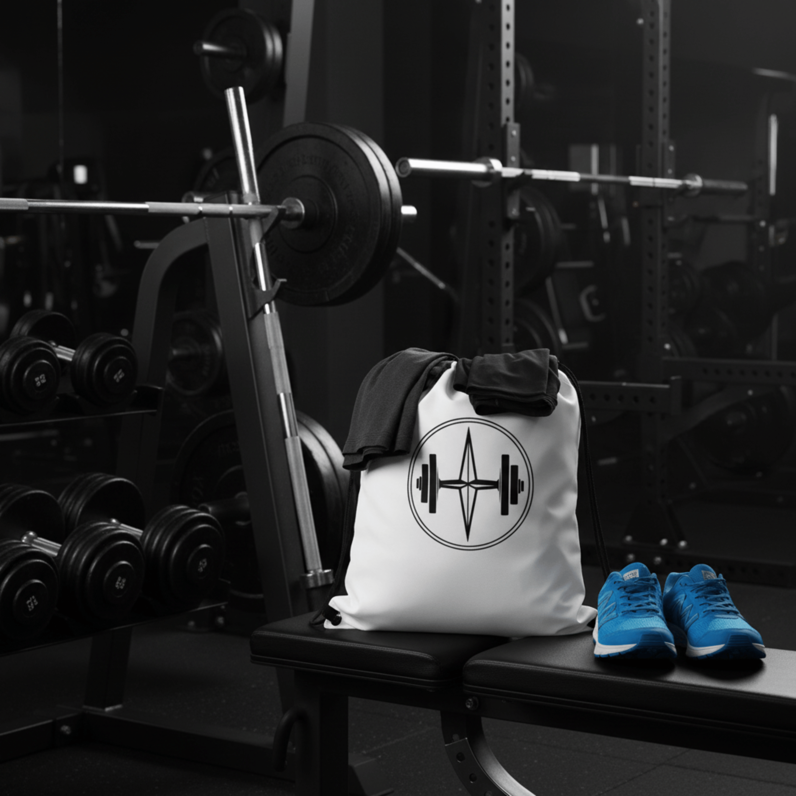 White tote bag with a black logo on a gym bench, surrounded by gym equipment.