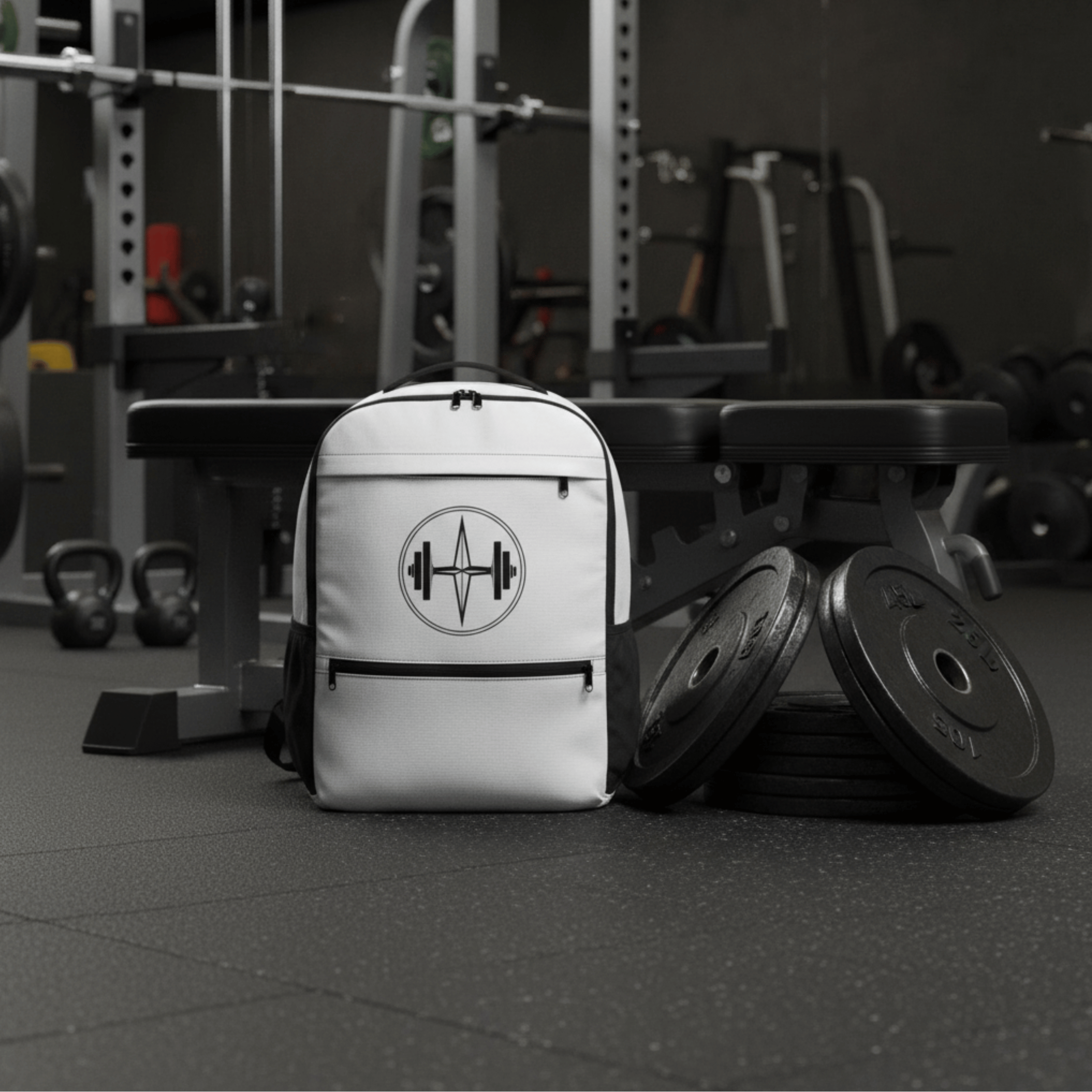 White backpack with a black logo on a gym floor with weights in the background