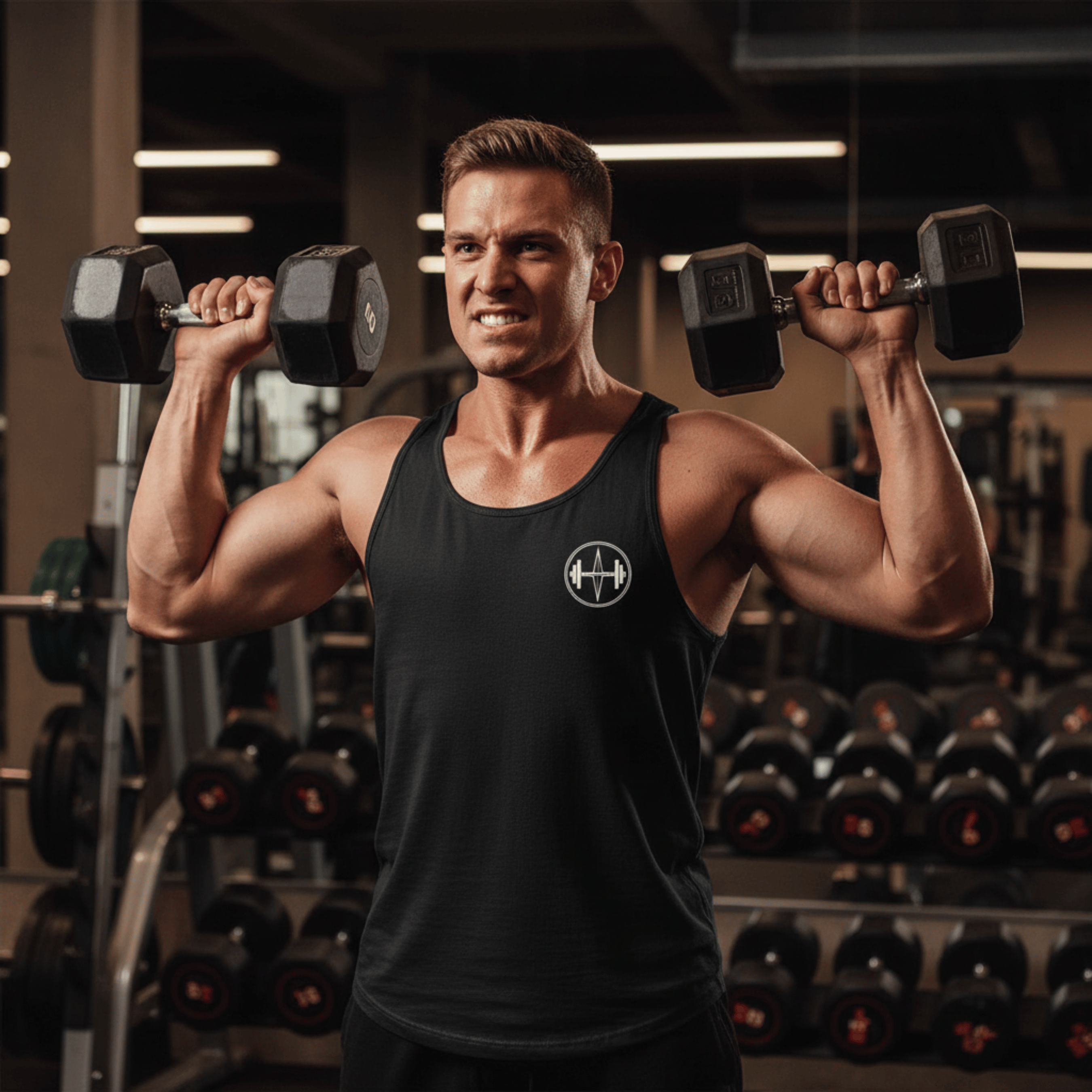 Man lifting dumbbells in a gym setting