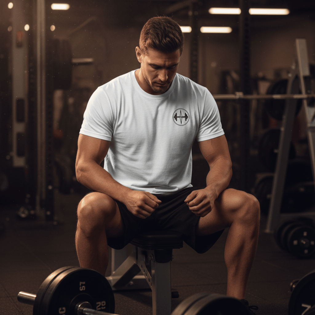 Man sitting on a weight bench in a gym setting