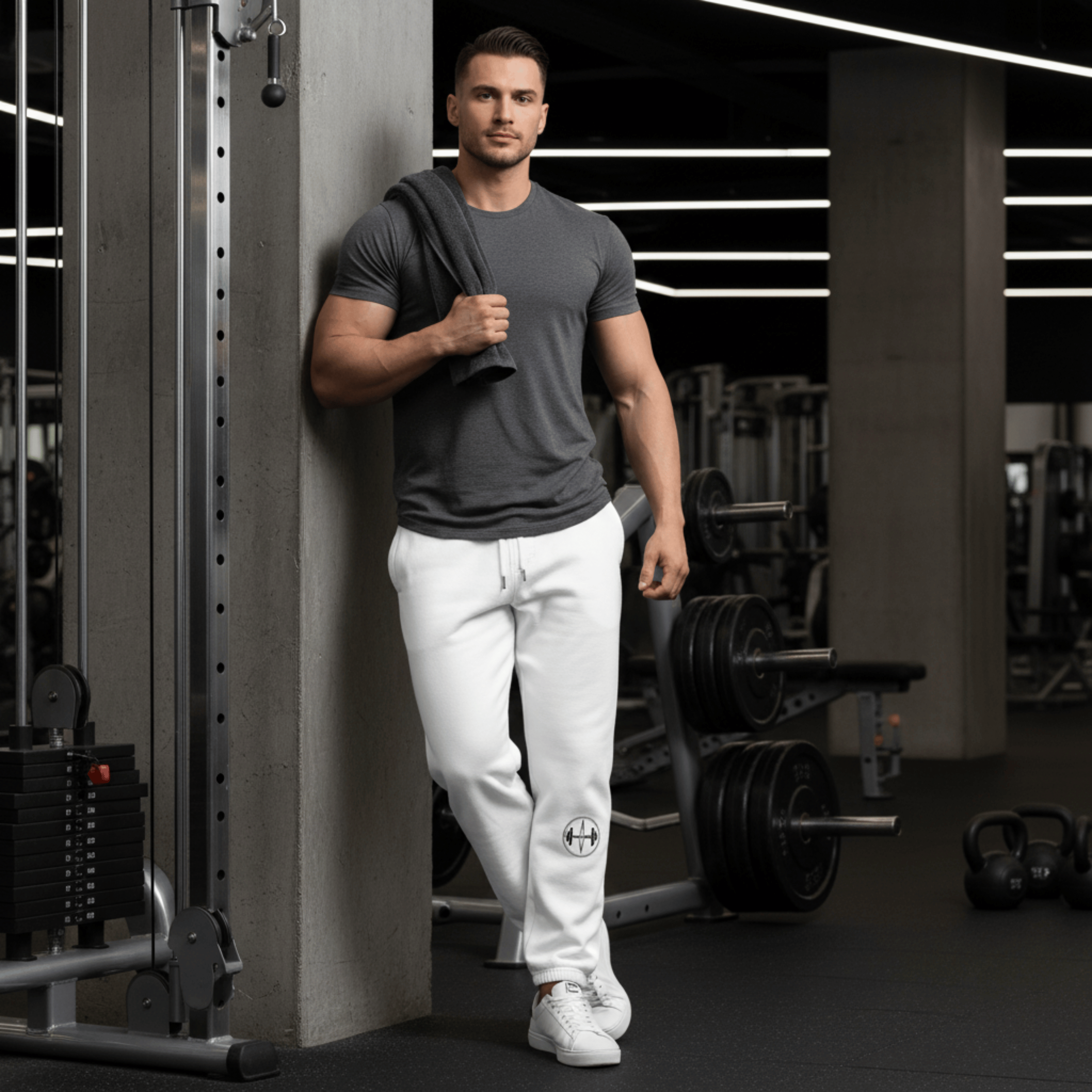 Man in a gym wearing a gray t-shirt, white pants, and white sneakers.