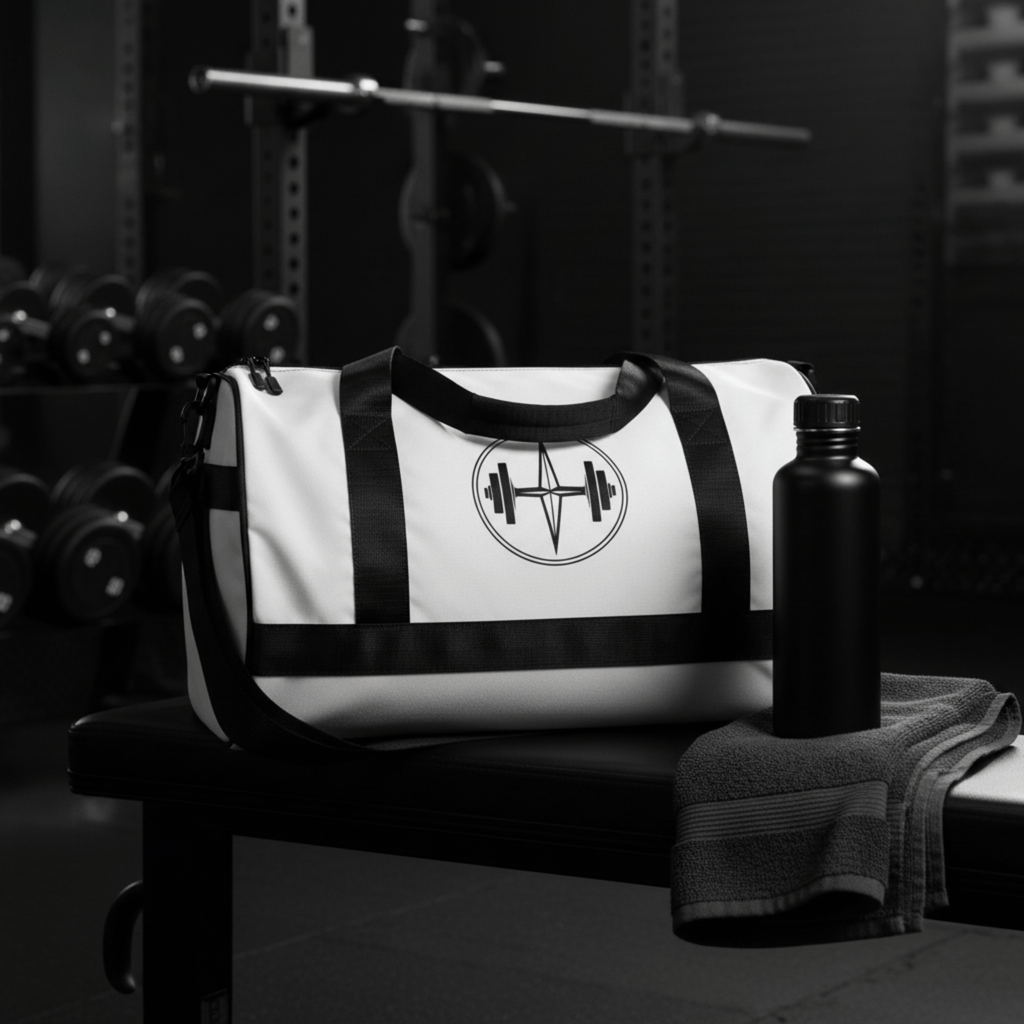 White gym bag with black accents and a logo on a bench in a gym setting.
