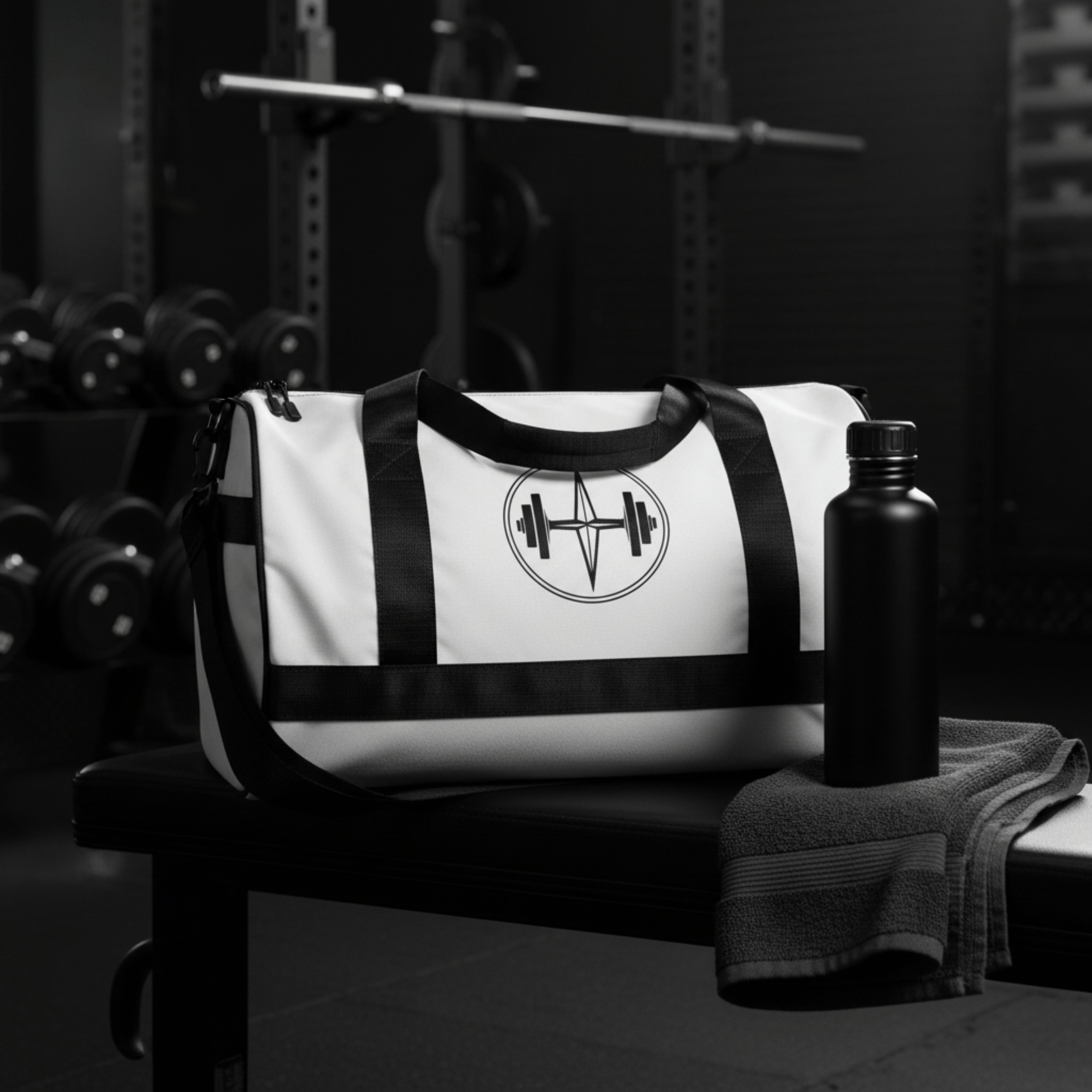 White gym bag with black accents and a logo on a bench in a gym setting.