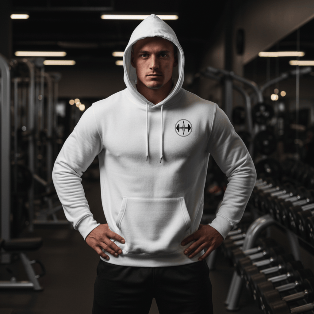 Man wearing a white hoodie with a logo in a gym setting