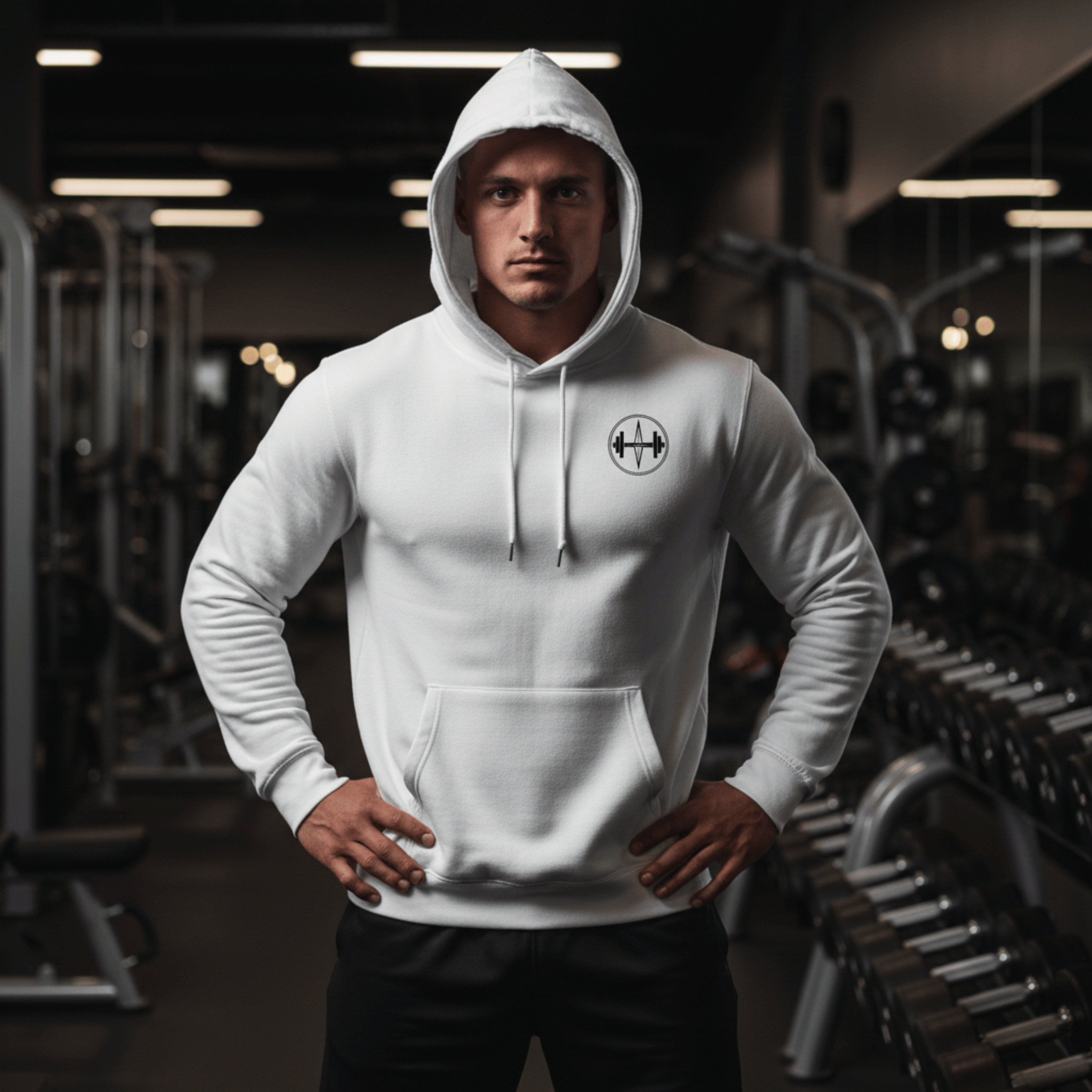 Man wearing a white hoodie with a logo in a gym setting