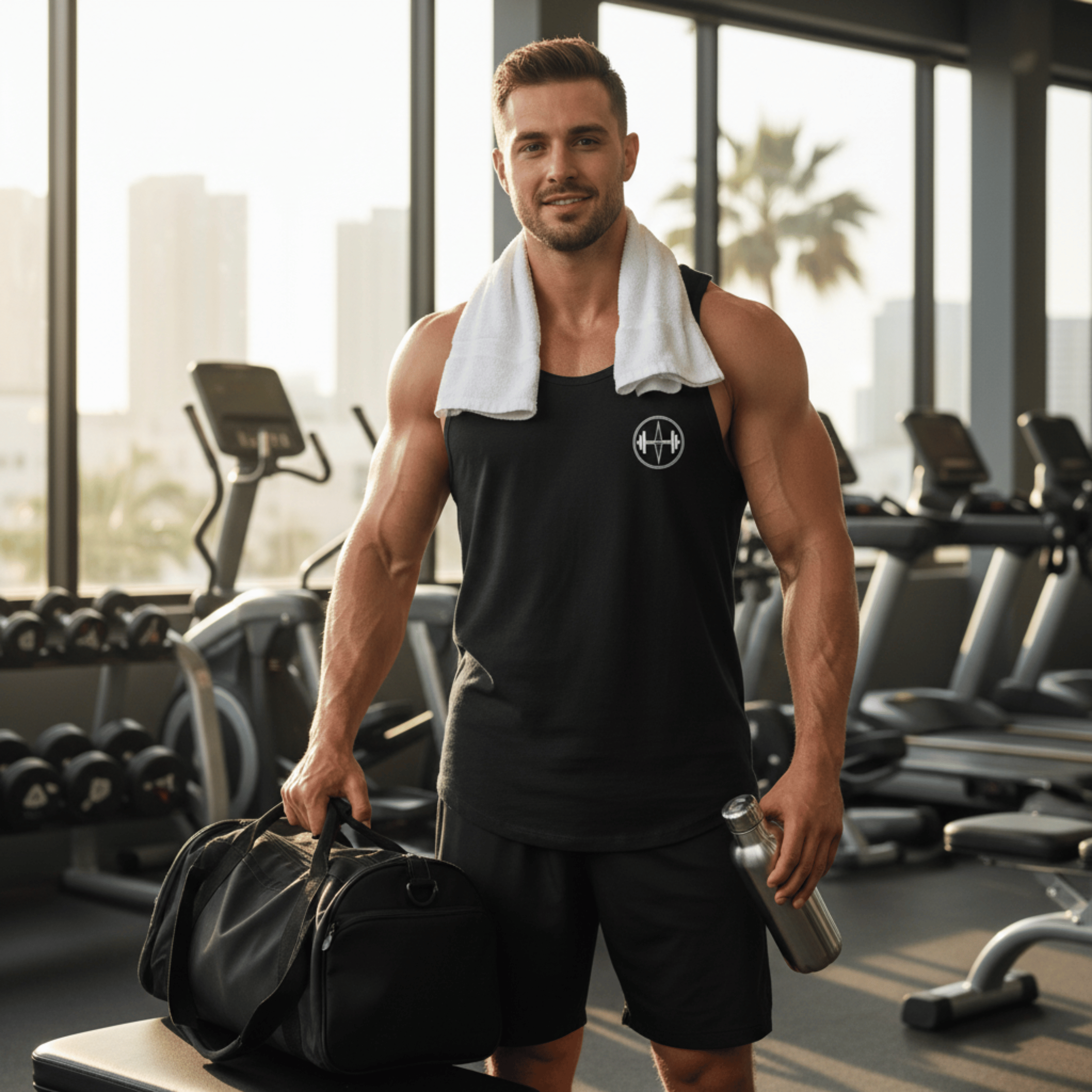 Muscular man in a gym holding a bag and water bottle, with fitness equipment and large windows in the background.