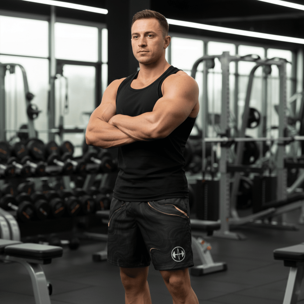 Muscular man in a black tank top and shorts standing in a gym.