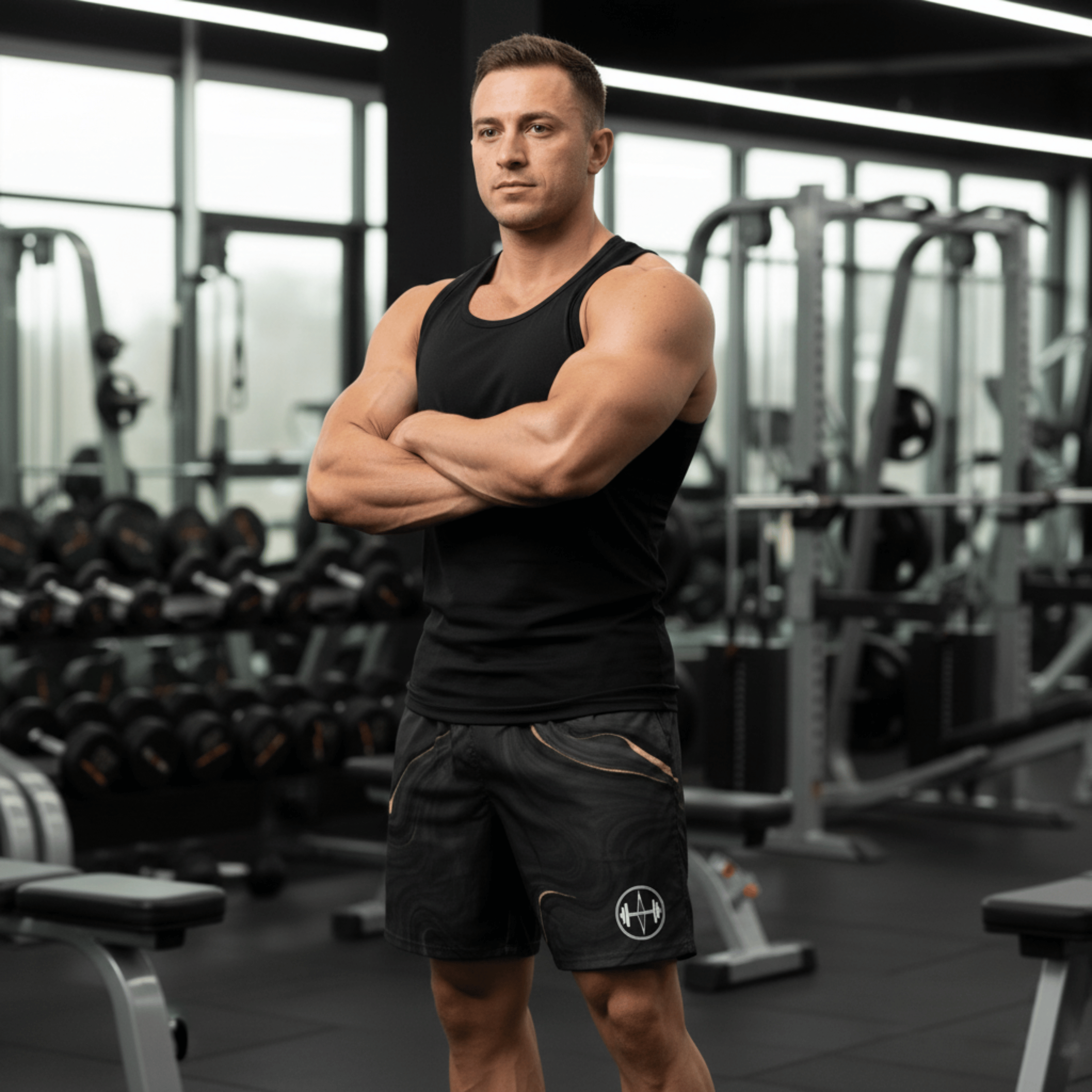 Muscular man in a black tank top and shorts standing in a gym.