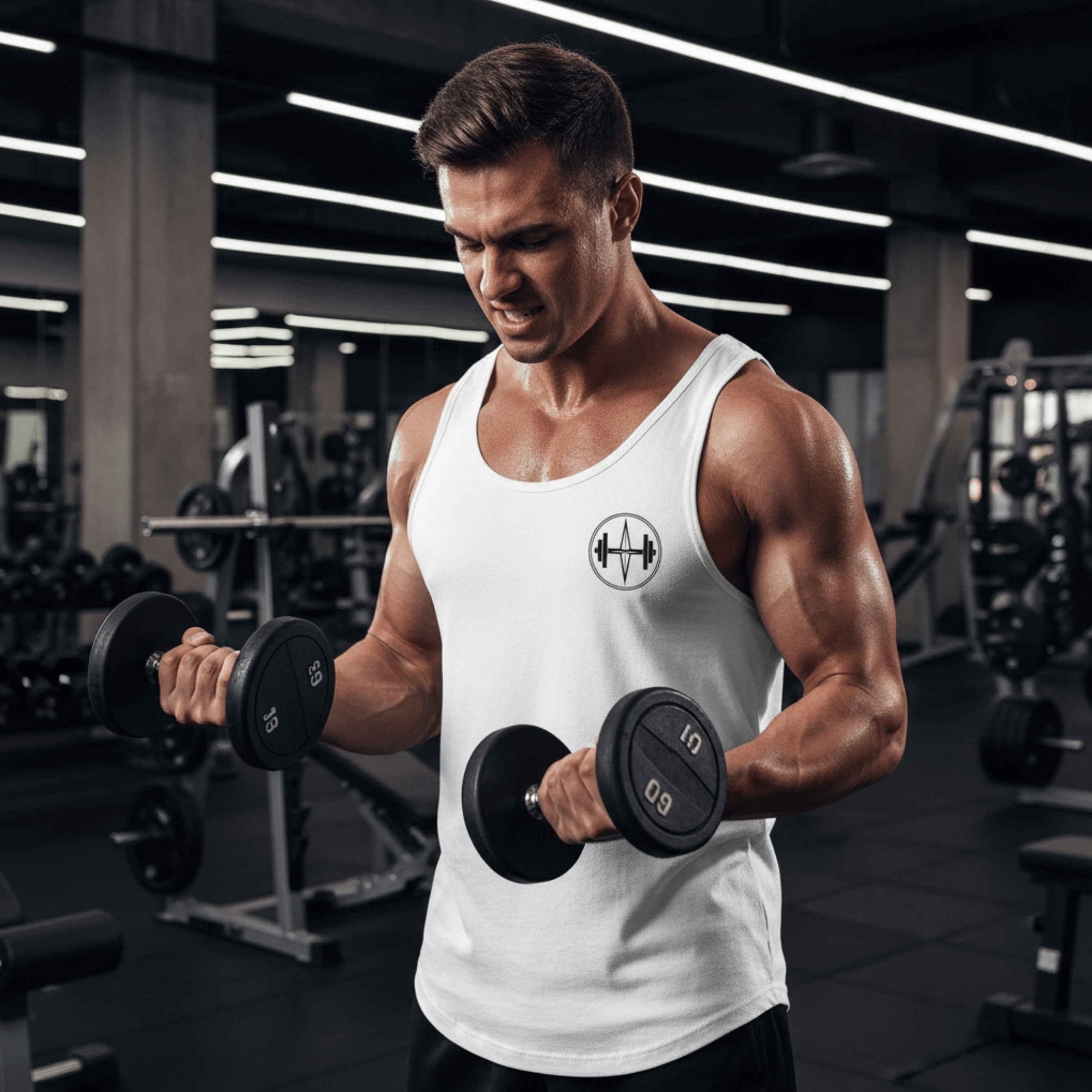 Man lifting dumbbells in a gym setting