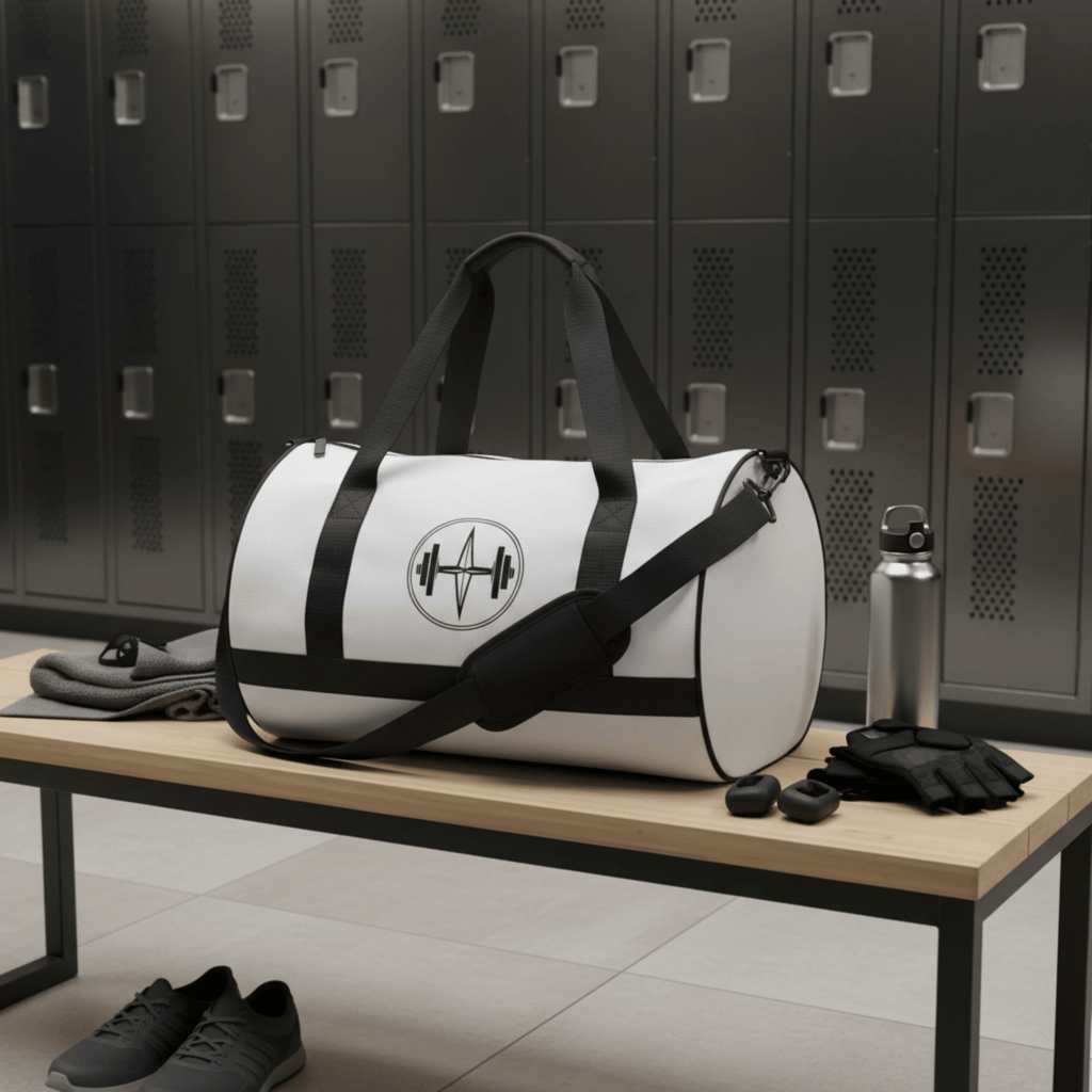 White duffel bag with black accents on a wooden bench in a locker room.