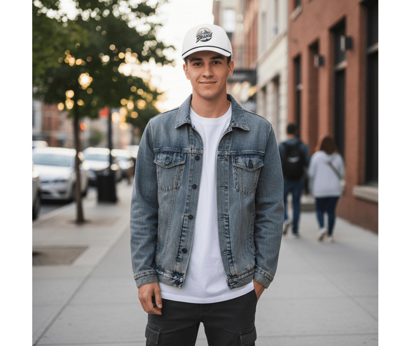 Person wearing a denim jacket and white cap on a city street