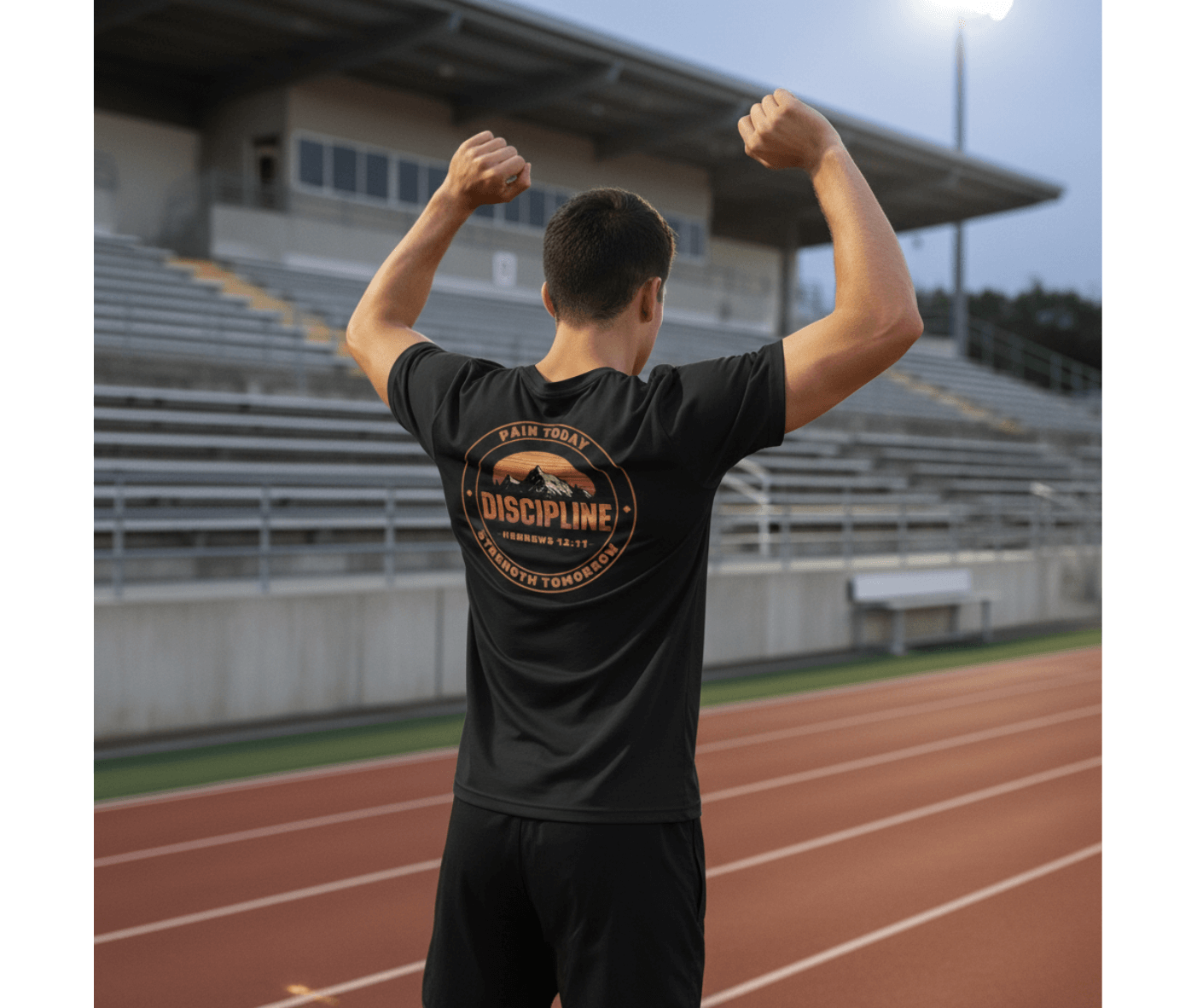 Person wearing a black t-shirt with 'Discipline' printed on the back, standing on a track and field