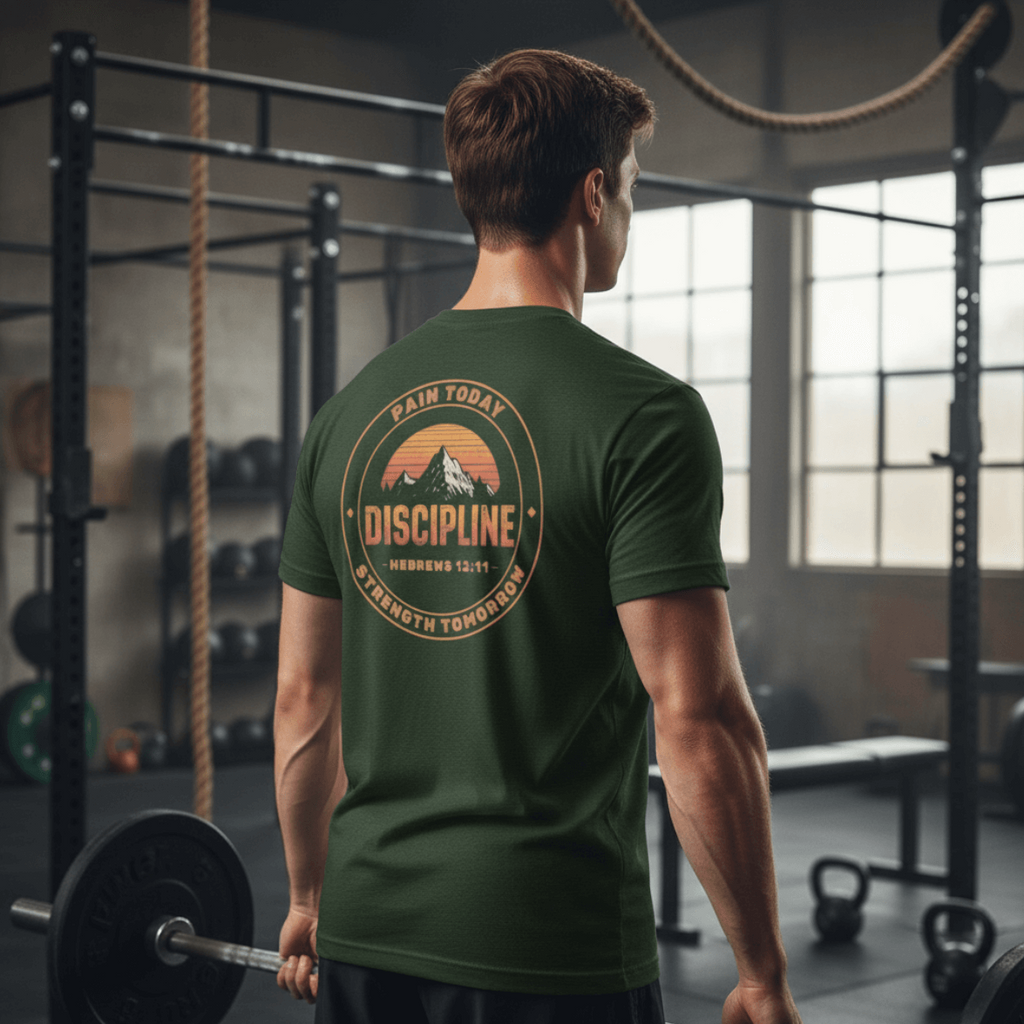 Man wearing a green t-shirt with a motivational quote in a gym setting