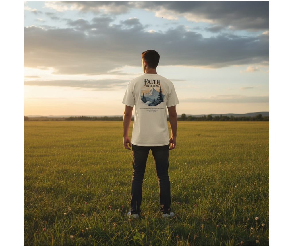 Man wearing Faith motivational shirt at sunset - courage and confidence tee