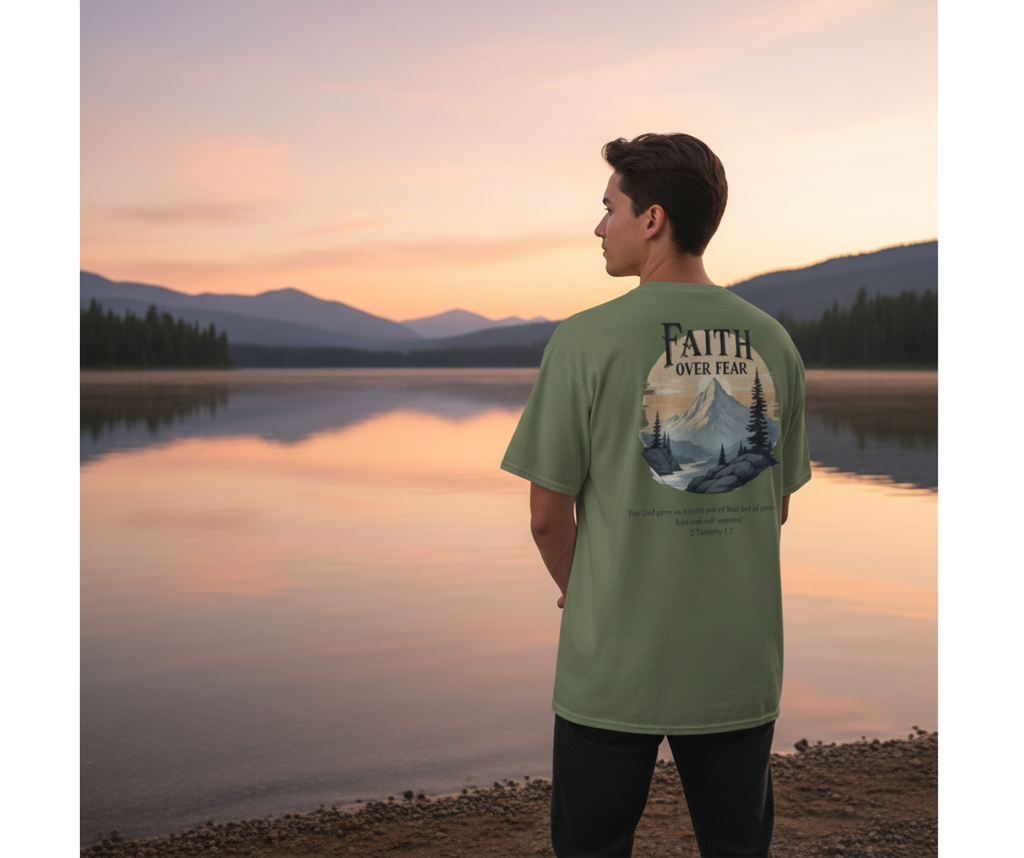Faith Over Fear Christian t-shirt with mountain design worn by lake at sunset
