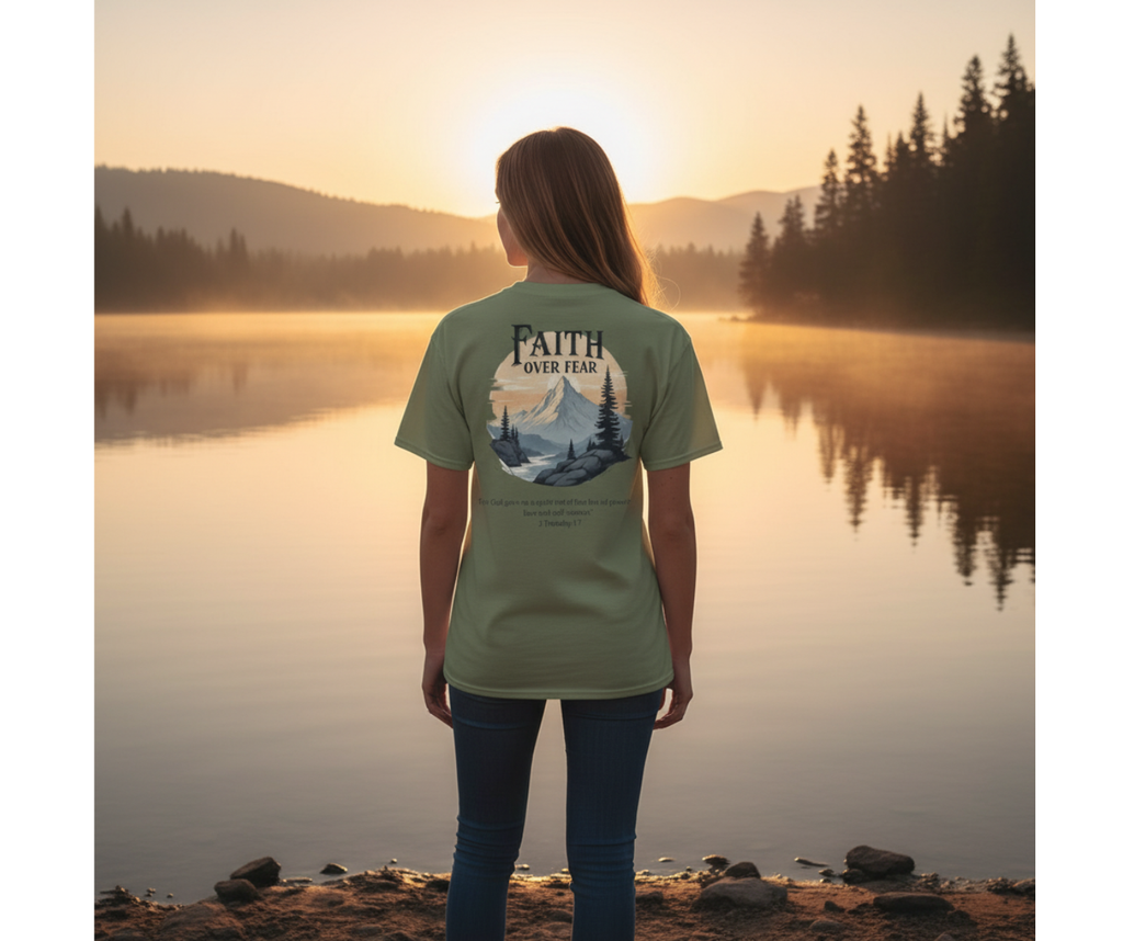 Woman wearing Faith Over Fear mental strength t-shirt for overcoming anxiety