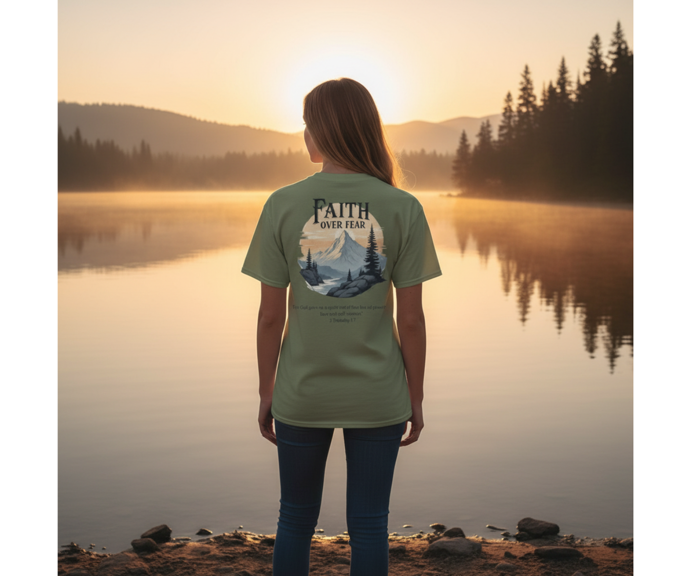 Woman wearing Faith Over Fear mental strength t-shirt for overcoming anxiety