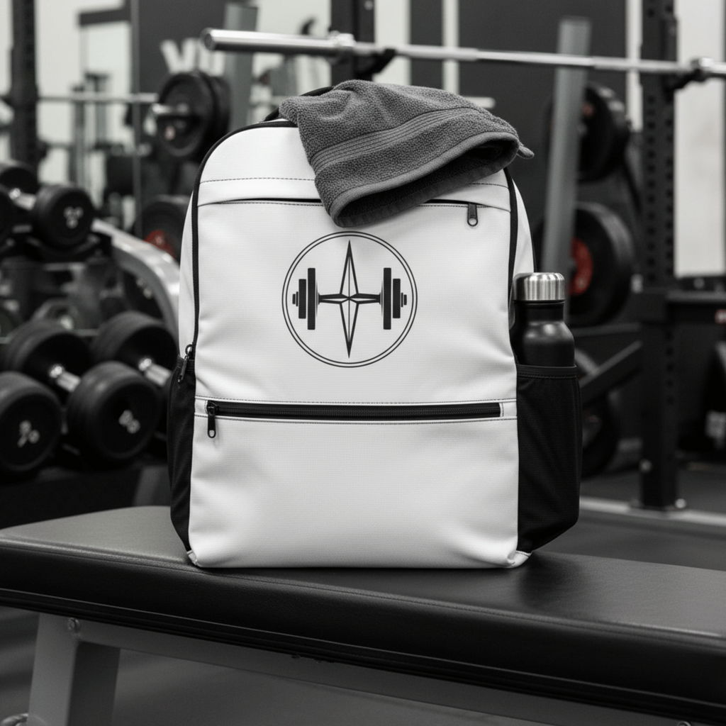 White backpack with a logo on a gym bench