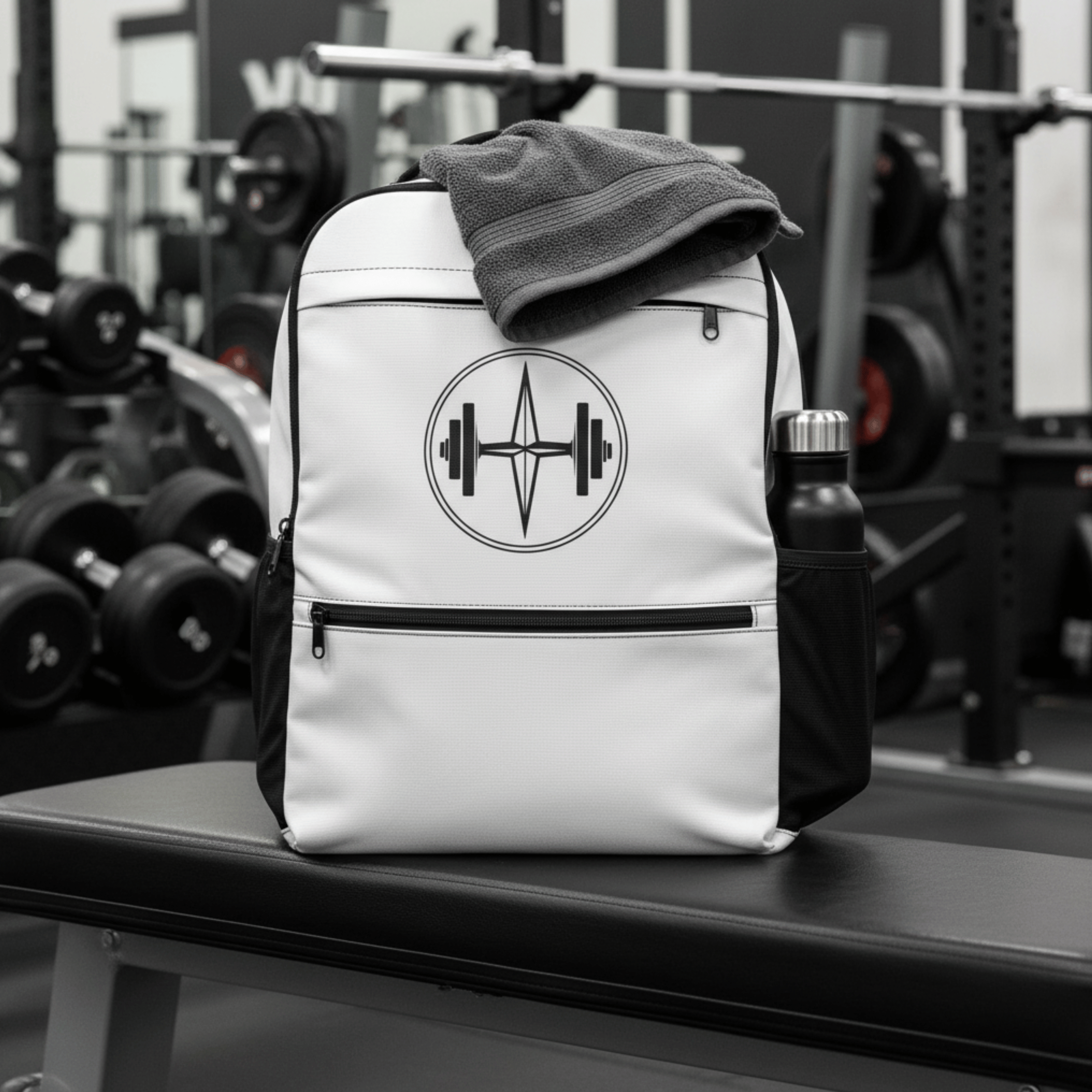 White backpack with a logo on a gym bench