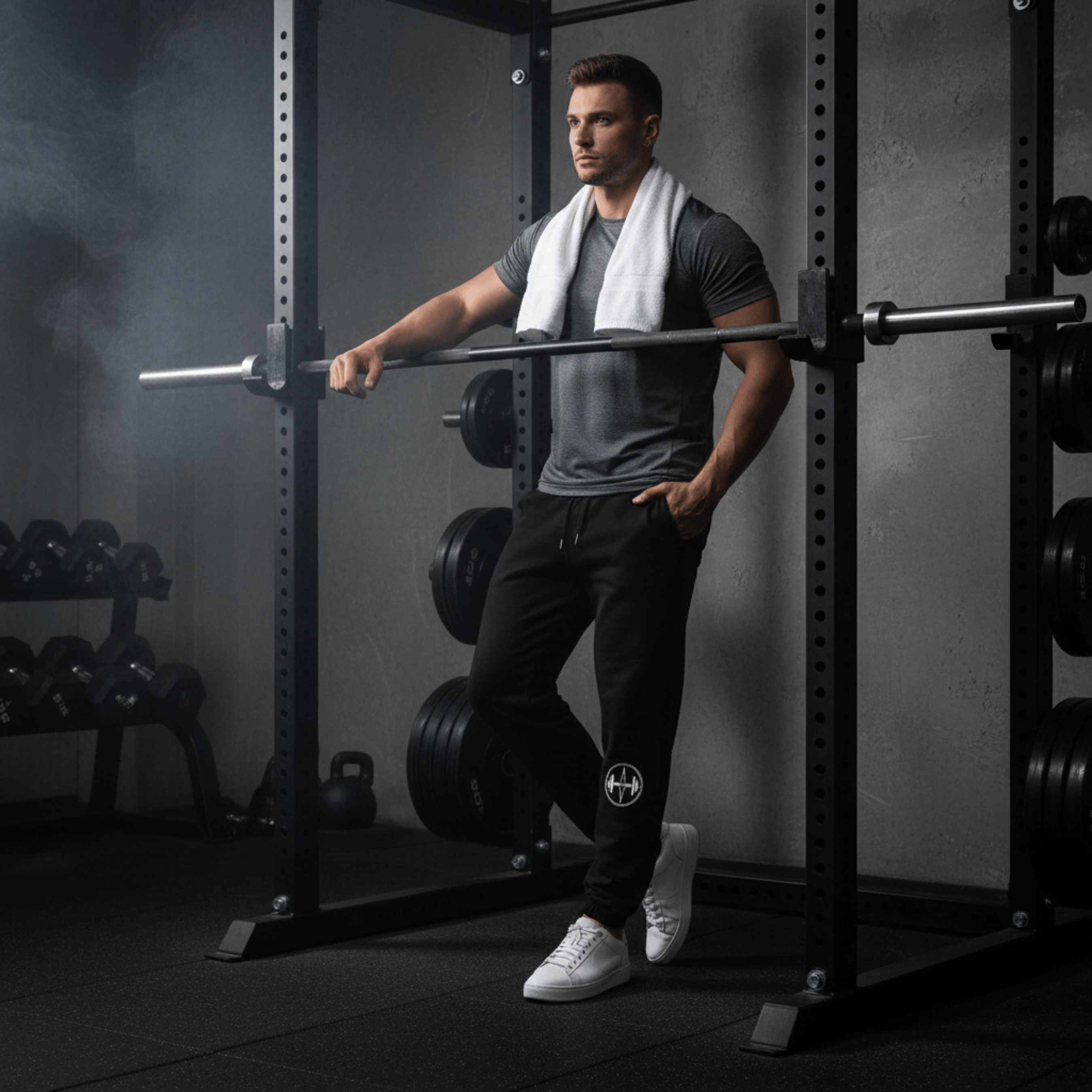 Man in a gym setting resting on a barbell