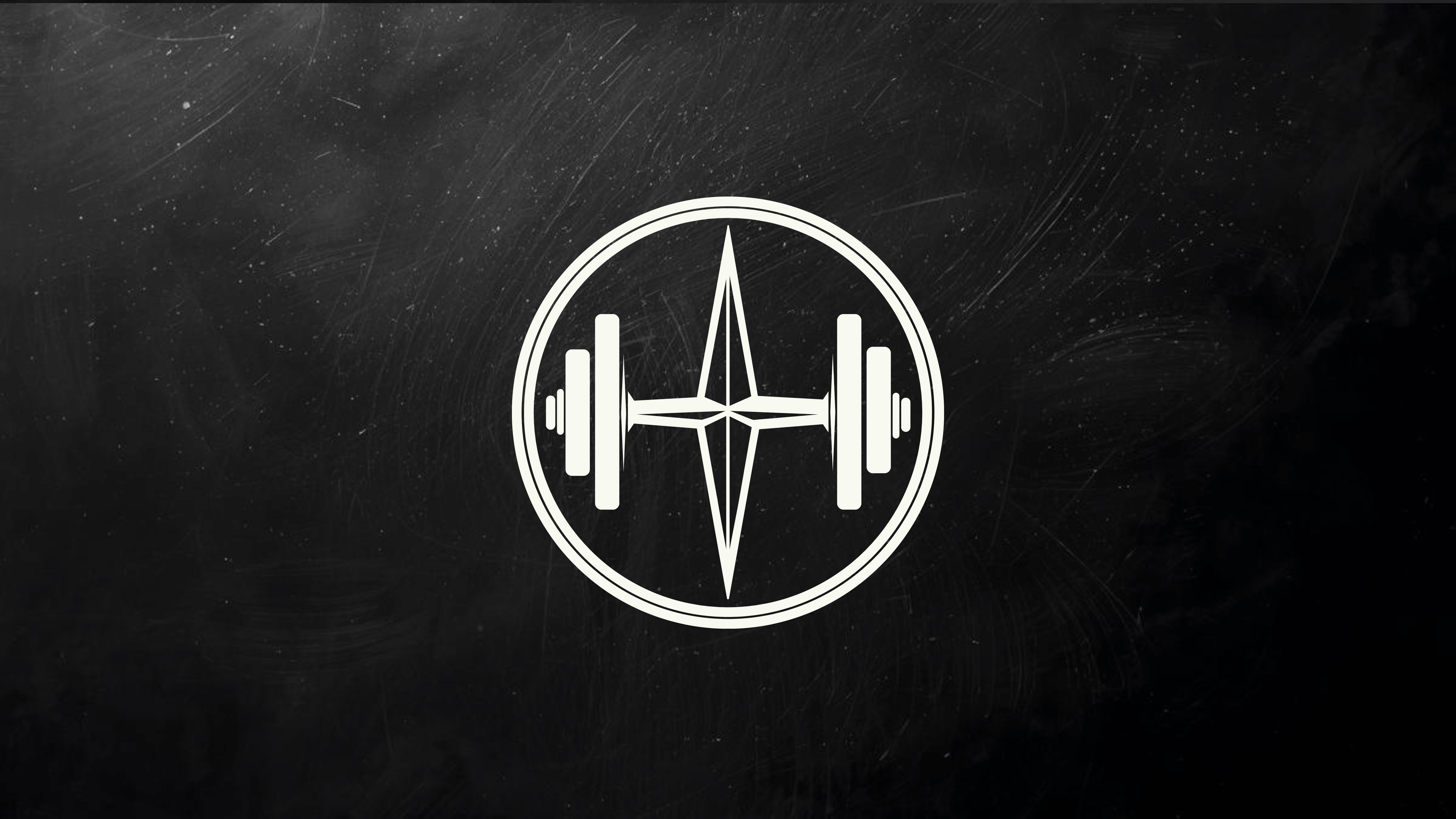 White logo with a design resembling a compass rose and barbell on a black background