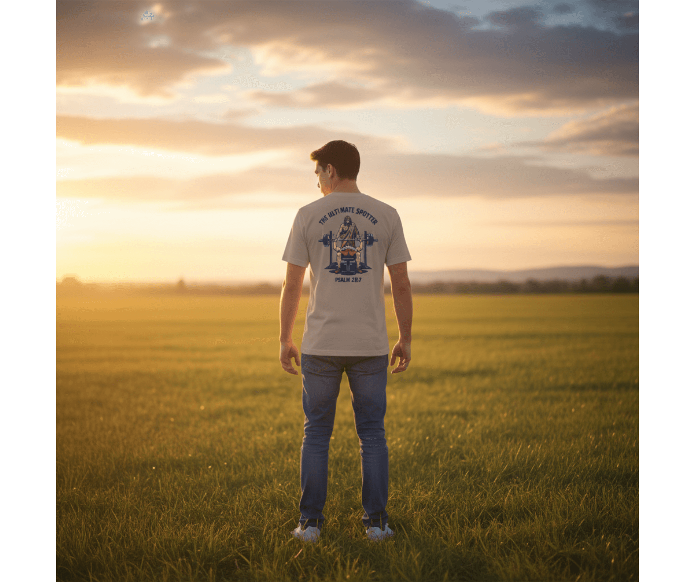 Man standing in a field at sunset wearing a t-shirt with a design on the back.