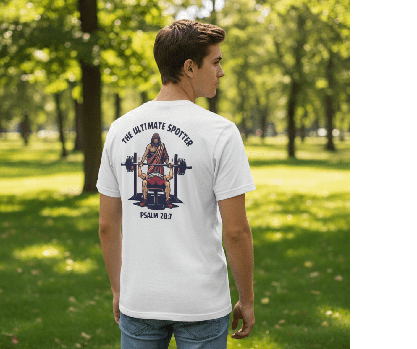 Man wearing a white t-shirt with a graphic design in a park