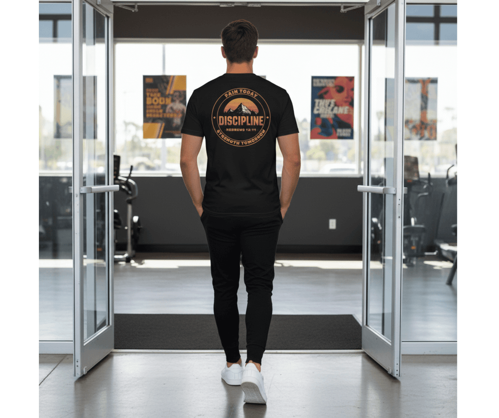 Person wearing a black t-shirt with a visible brand logo in an indoor setting.