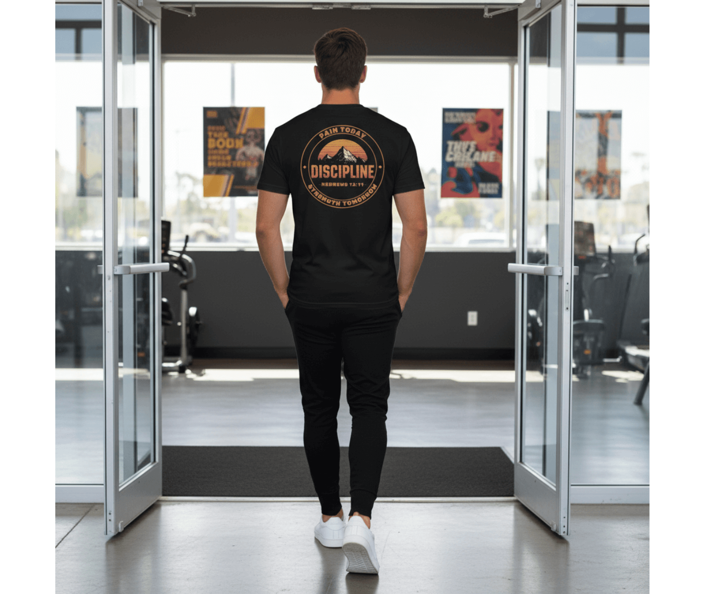 Person wearing a black t-shirt with a visible brand logo in an indoor setting.