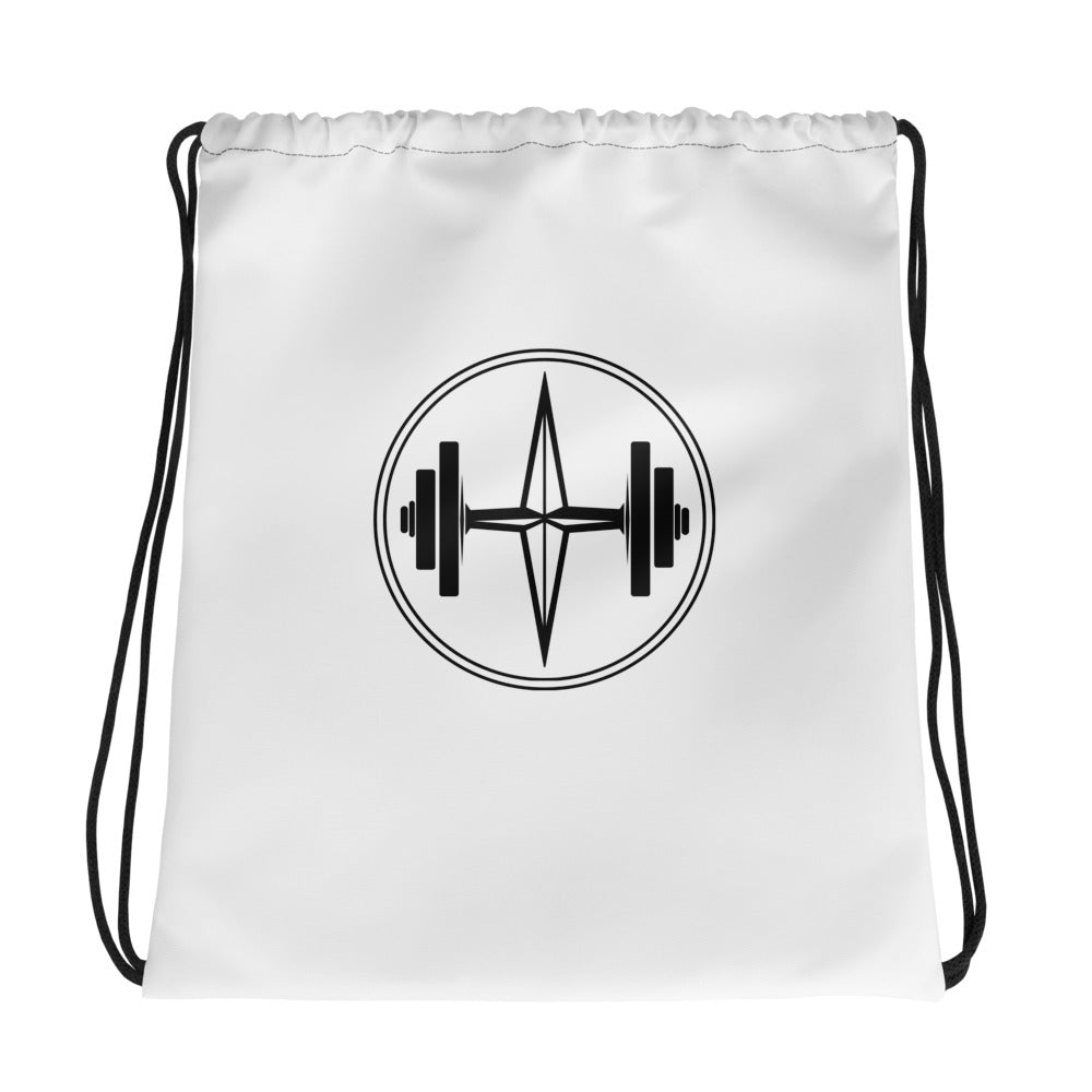 White drawstring bag with black logo featuring a barbell and weight plates on a white background