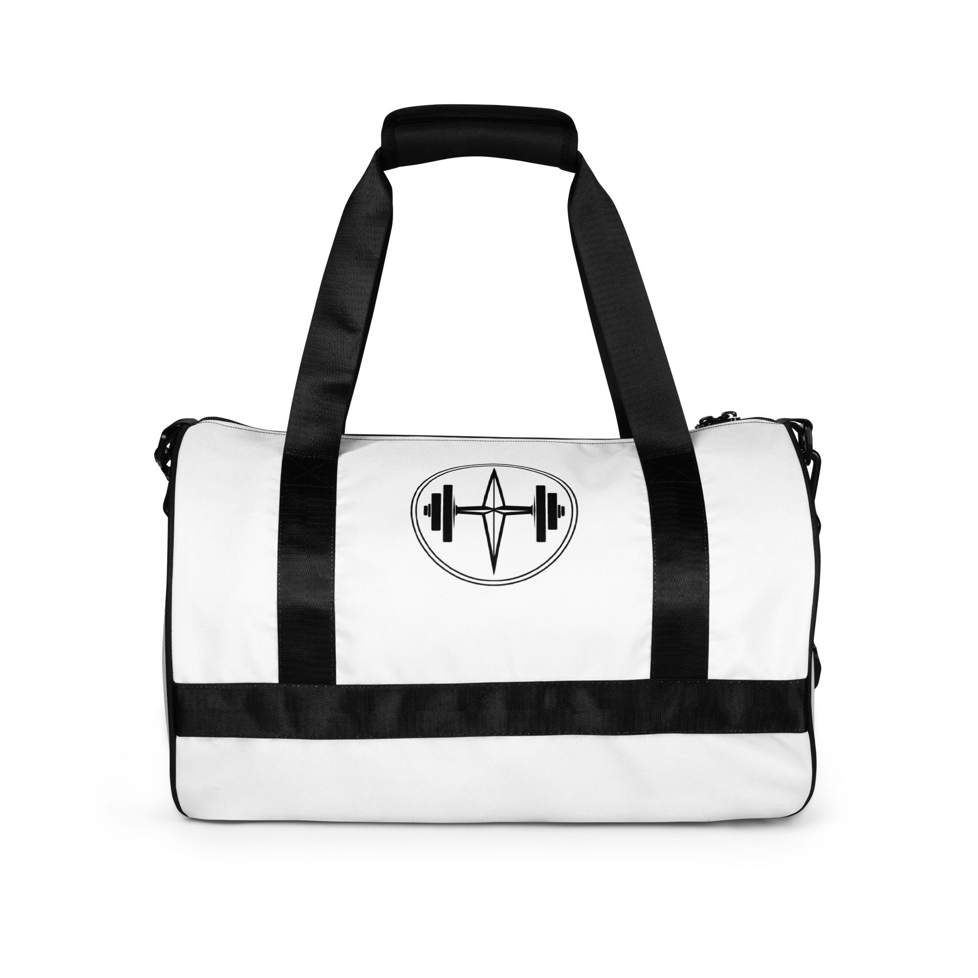 White duffel bag with black straps and a logo on a white background