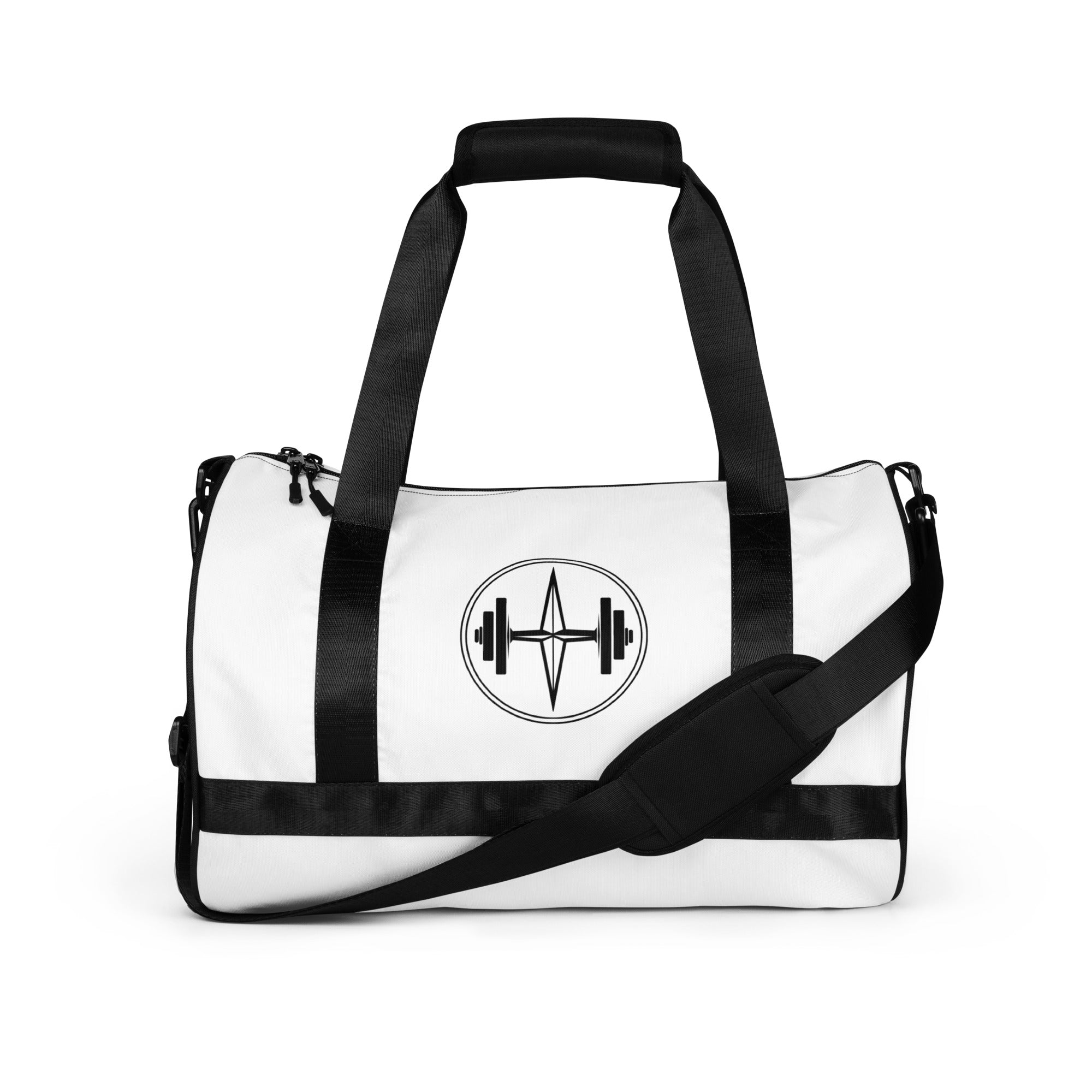 White duffel bag with black straps and a logo on a white background