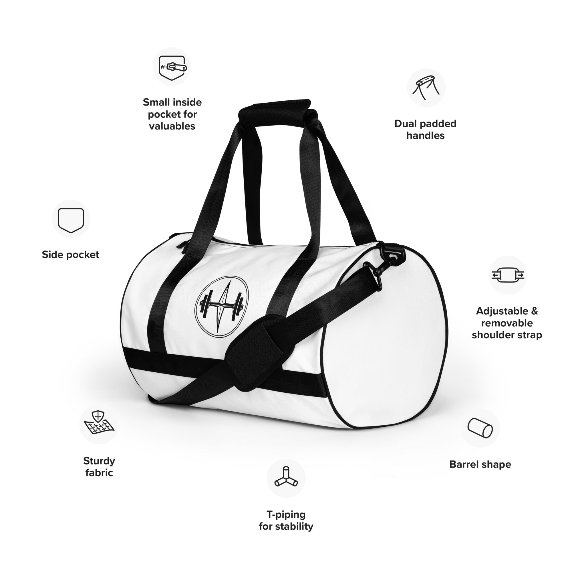 White duffel bag with black straps on a white background, featuring text labels about bag features.