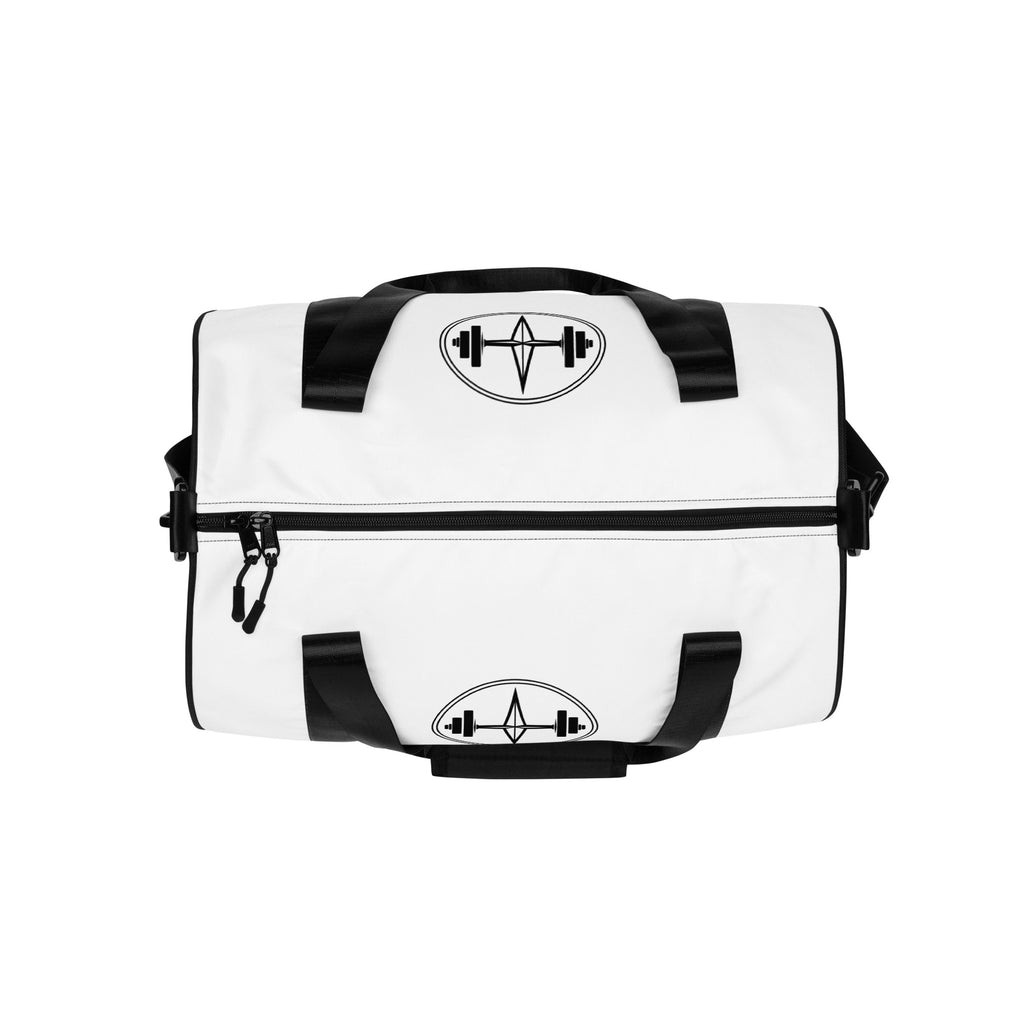 White duffel bag with black accents and logo on a white background