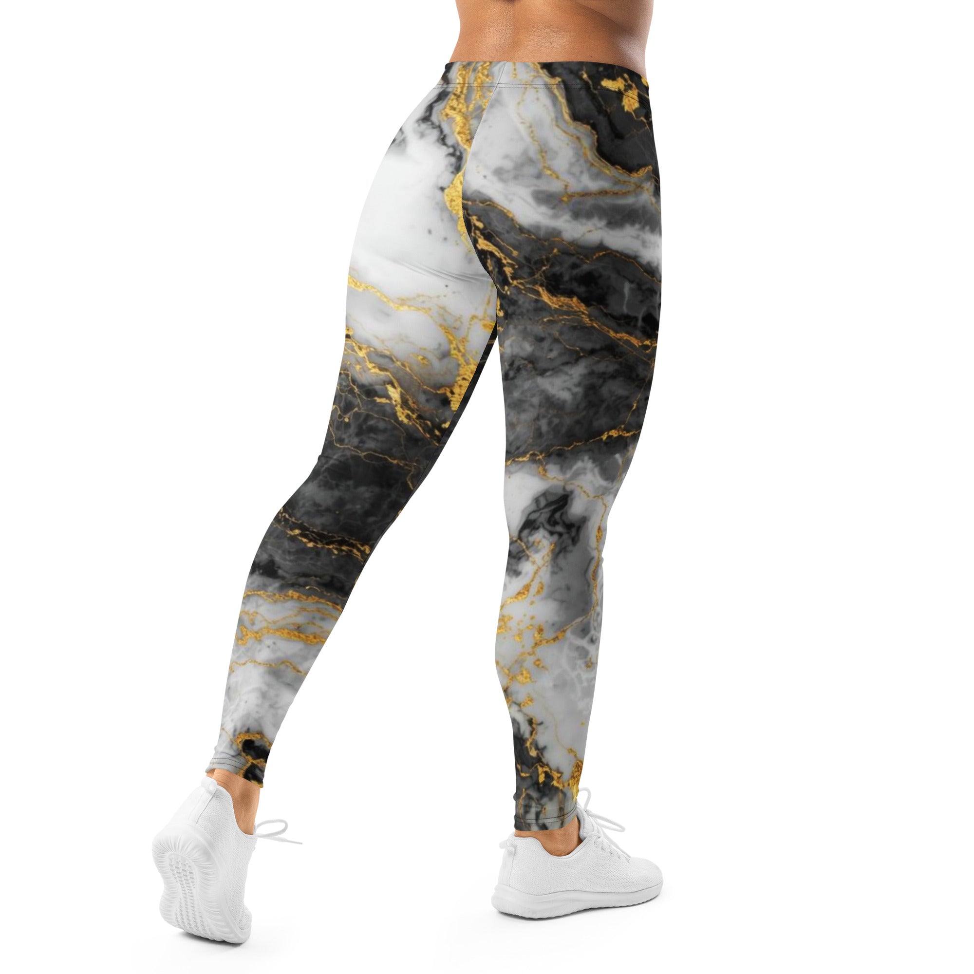 Marble-patterned leggings with gold accents on a white background