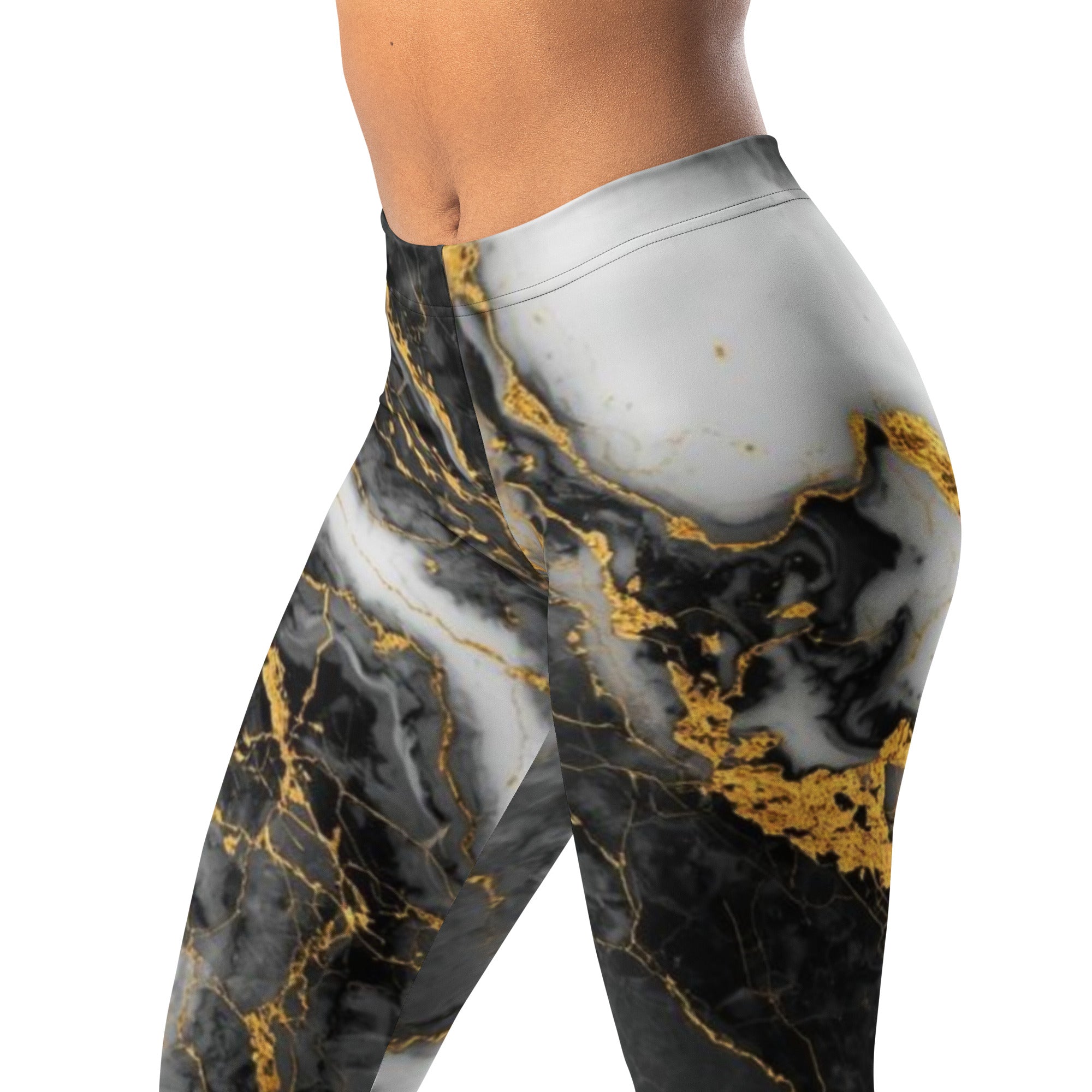 Marble-patterned leggings with gold and black design on a white background