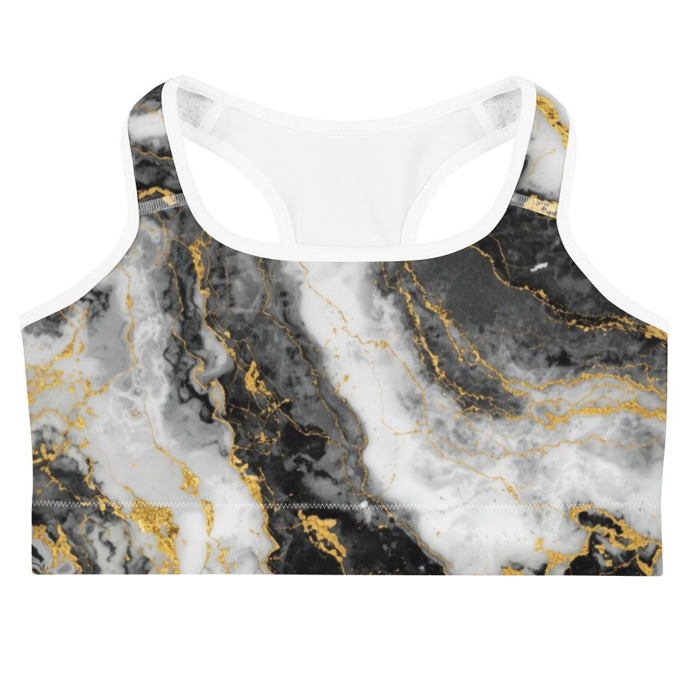 Marble-patterned crop top with gold and black accents on a white background