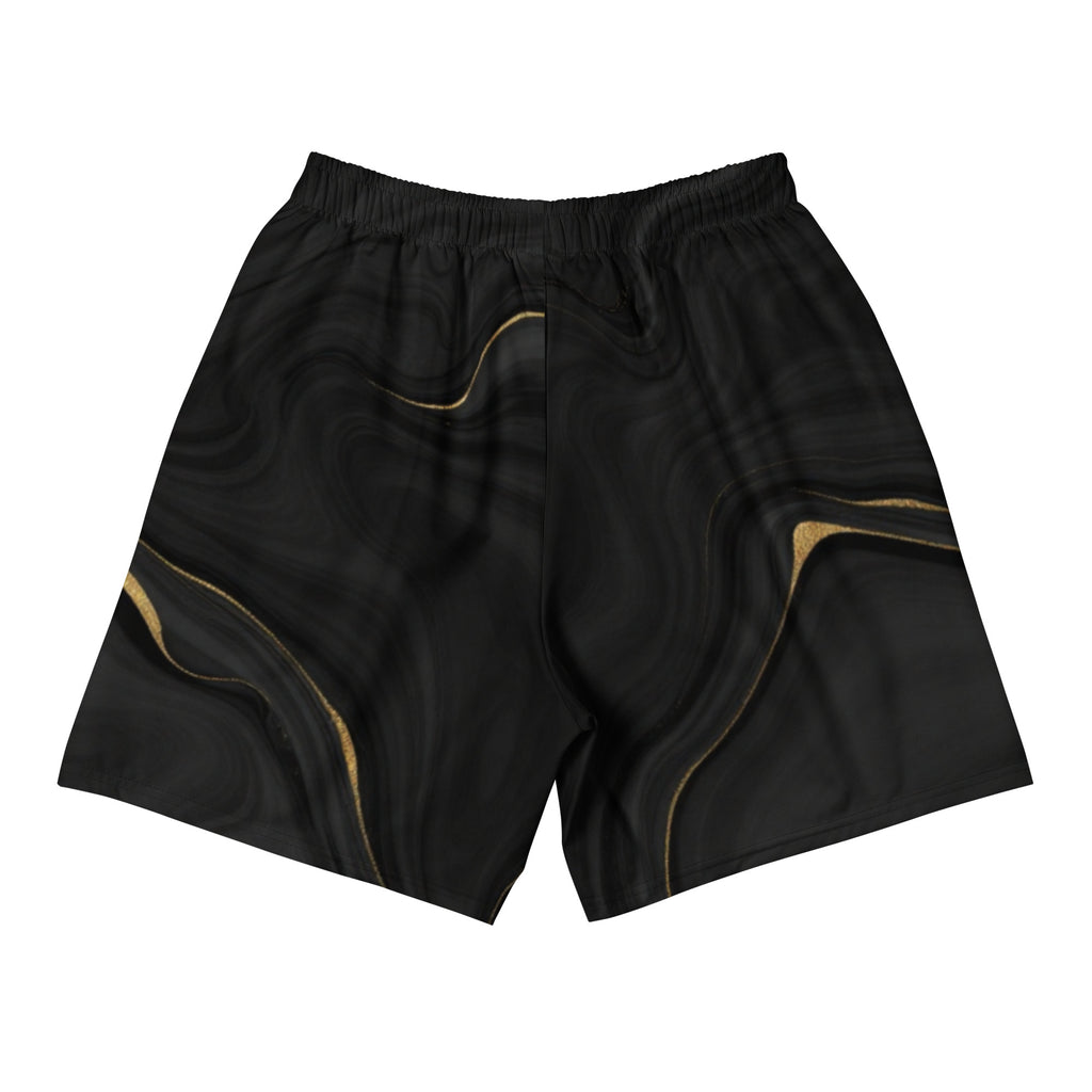 Black shorts with gold accents on a white background