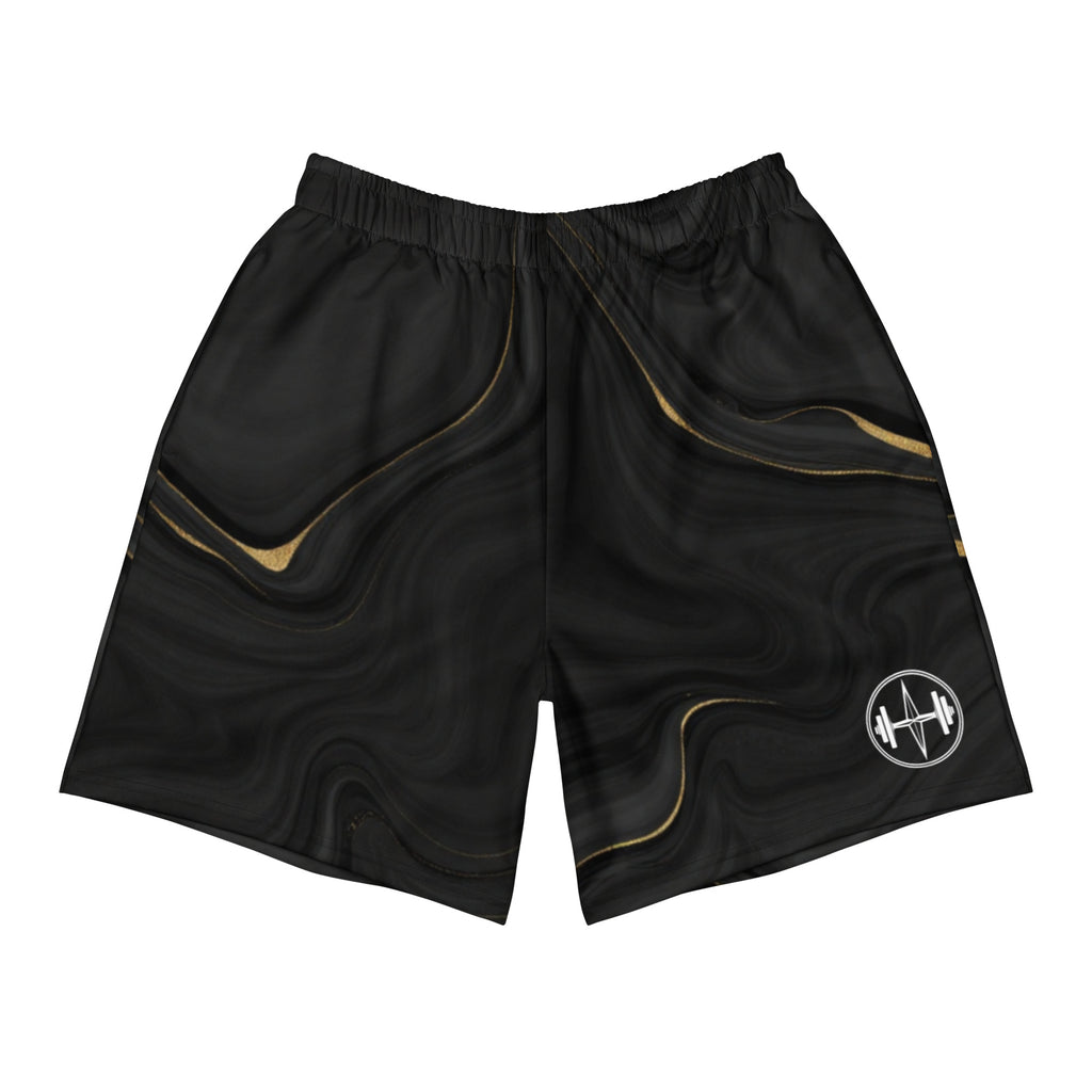 Black athletic shorts with gold accents and a logo on a white background