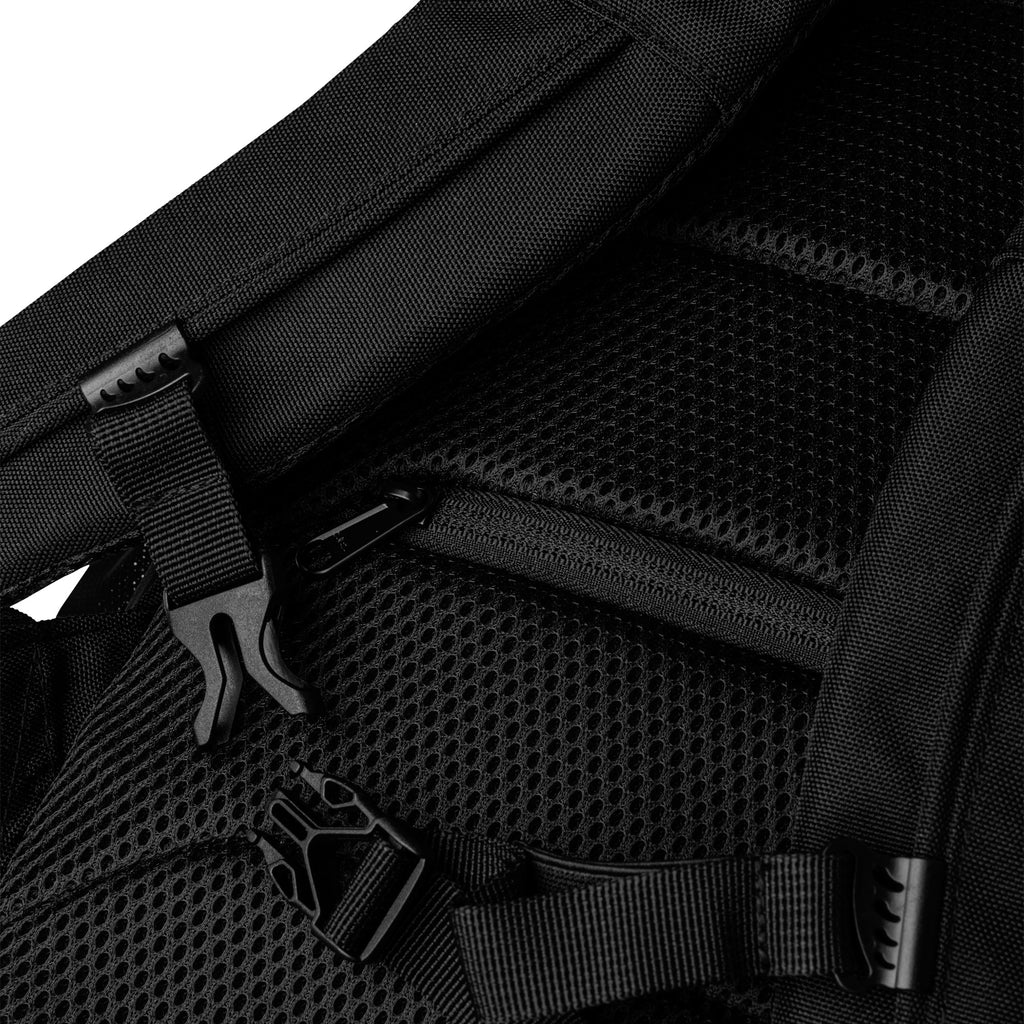Close-up of a black backpack with straps and zippers on a white background