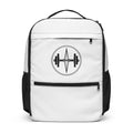 White backpack with black accents and a logo on a white background